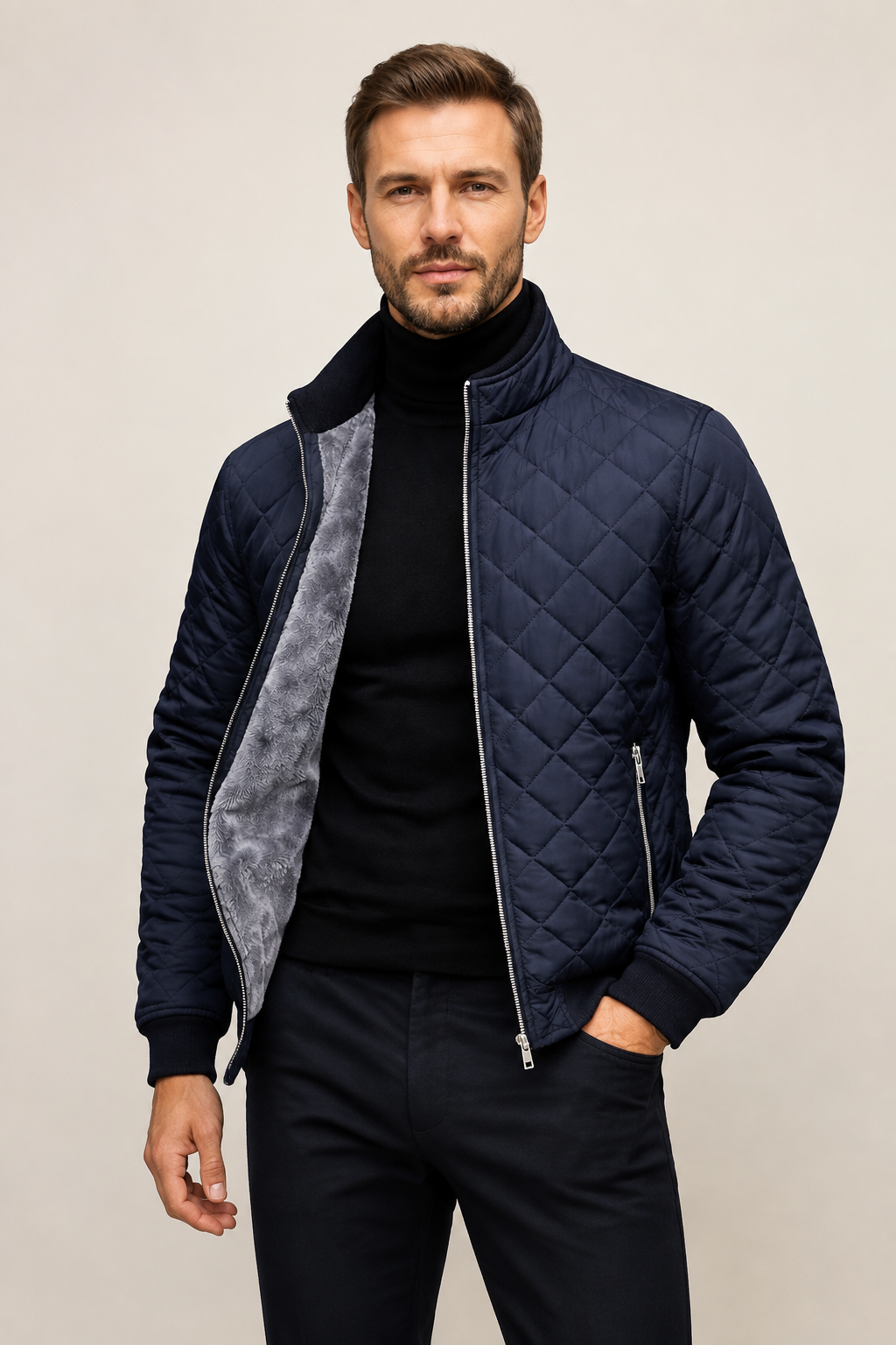 Marineblaue Steppjacke an Mann auf beigem Hintergrund