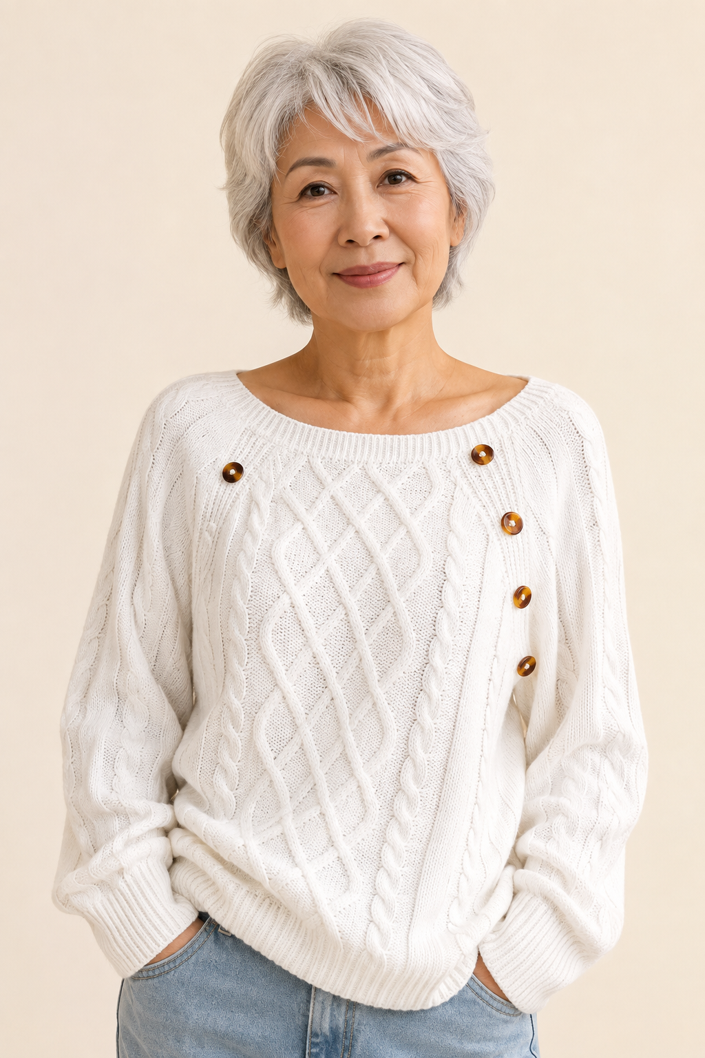 Neppari weißer Kabelstrickpullover mit Knöpfen an reifer Frau auf warmem beigem Hintergrund
