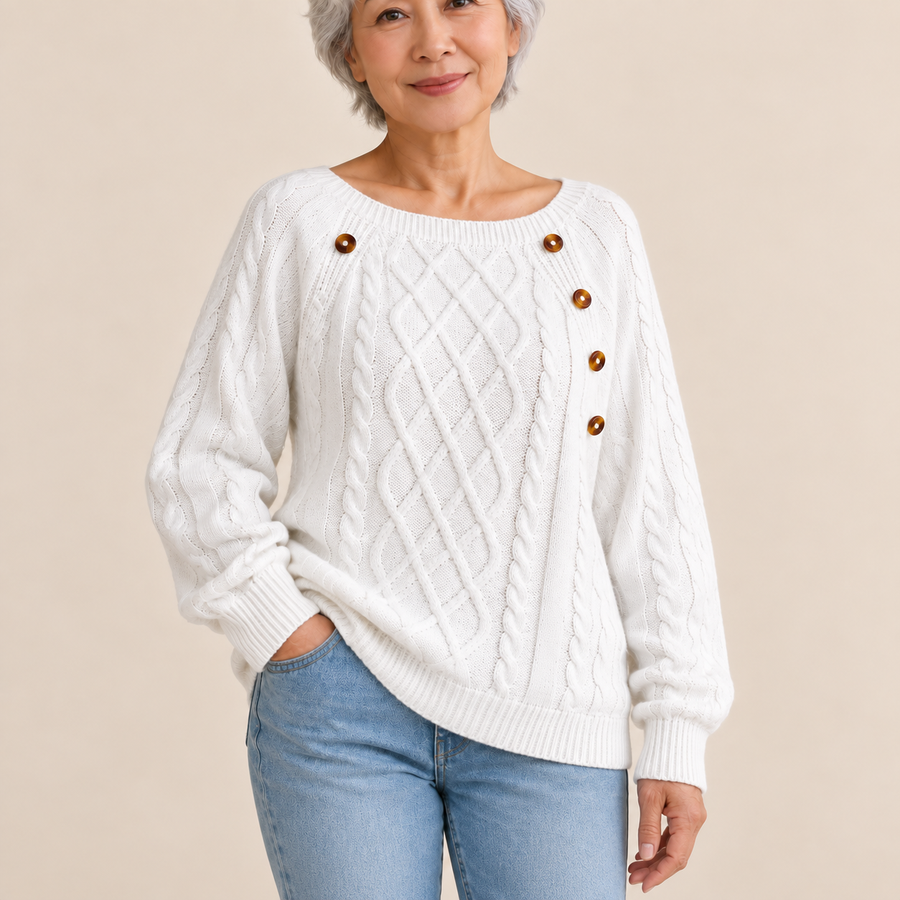 Neppari Pullover – Weiß – Detail – vollständige Ansicht am Model