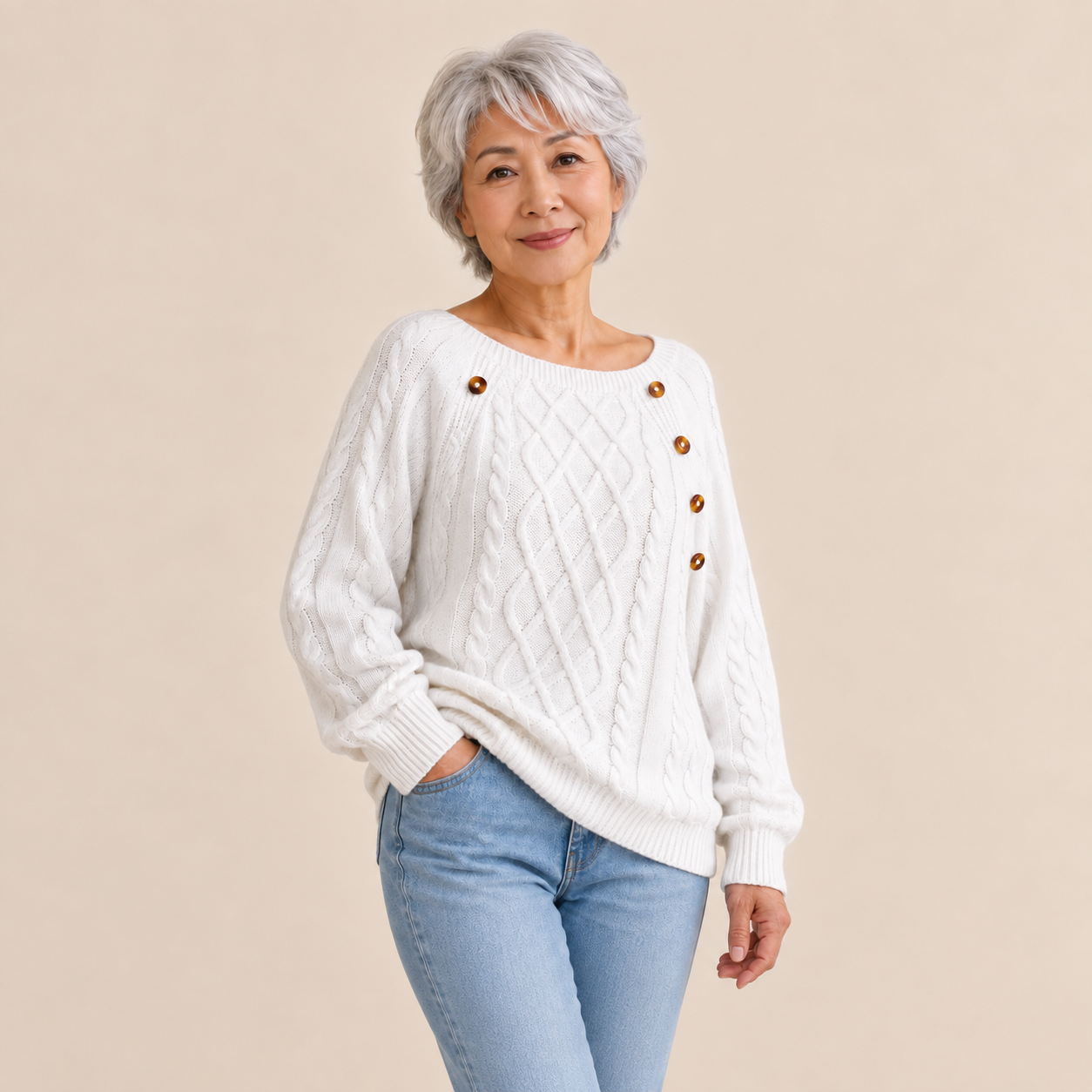 Neppari Pullover – Weiß – seitliche Pose – vollständige Ansicht am Model