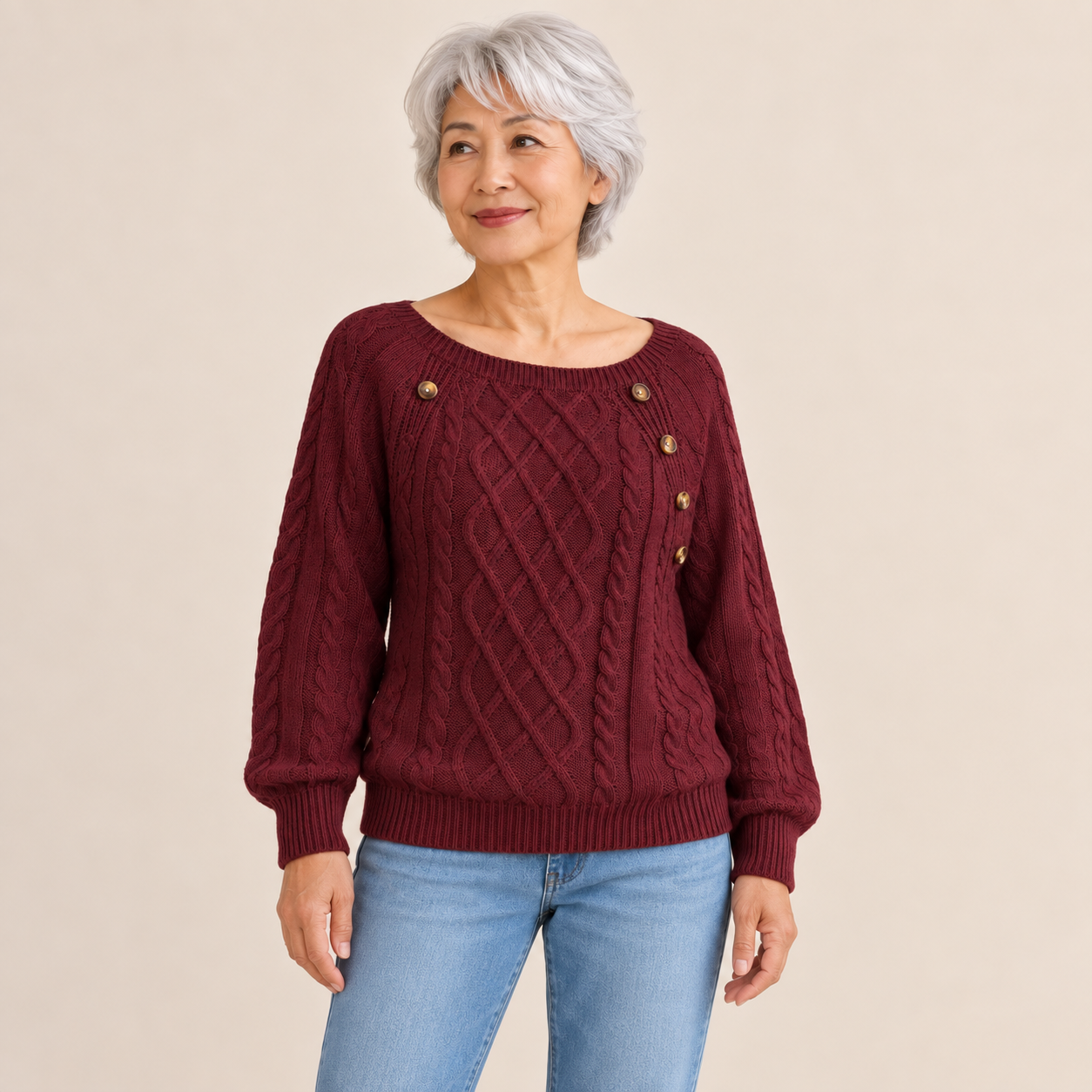 Neppari Pullover – Kirschrot – vollständige Ansicht am Model