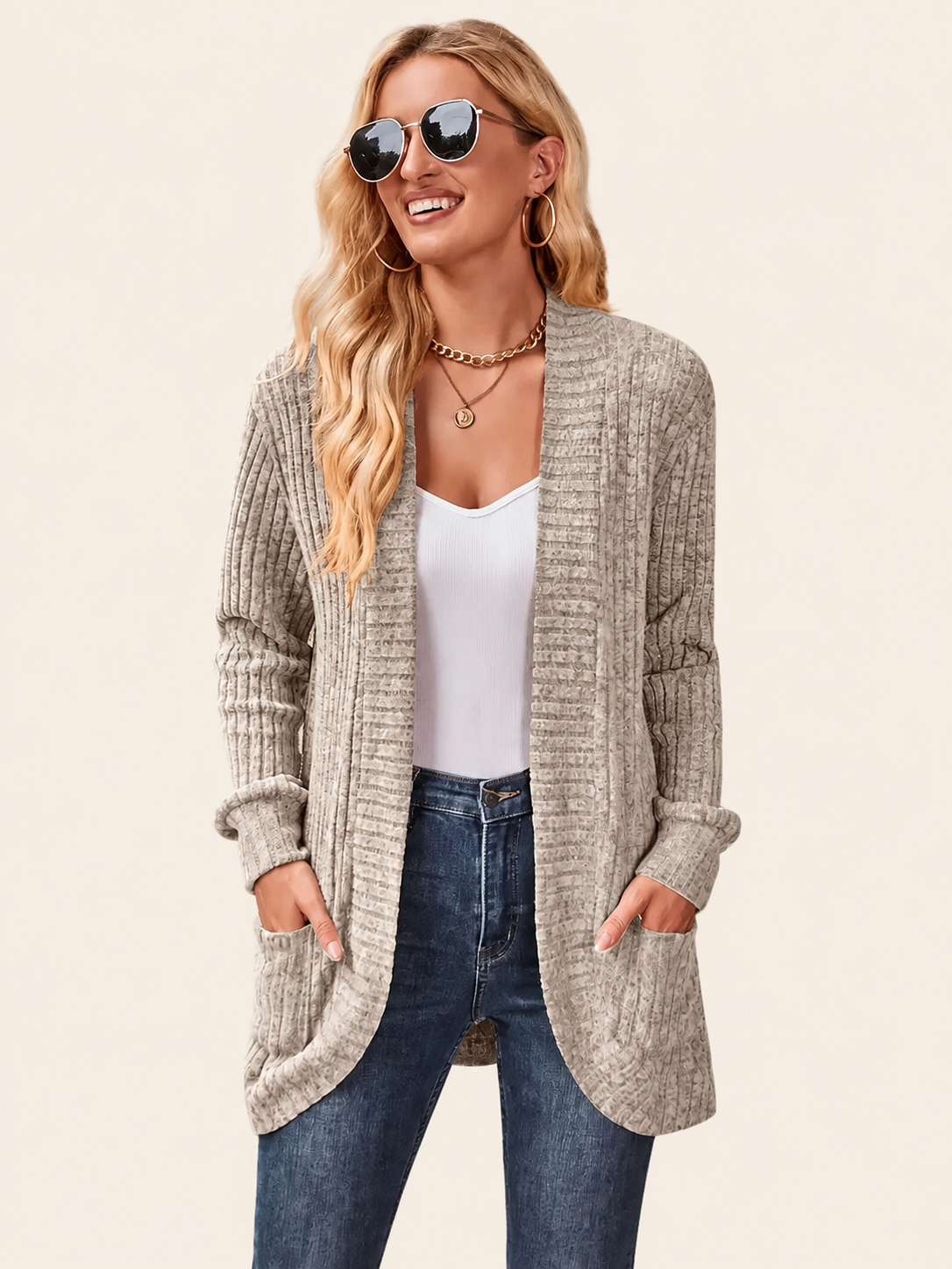 Neva | Eleganter lang-sleeved ribbed-Strickcardigan – uniforme Produktaufnahme