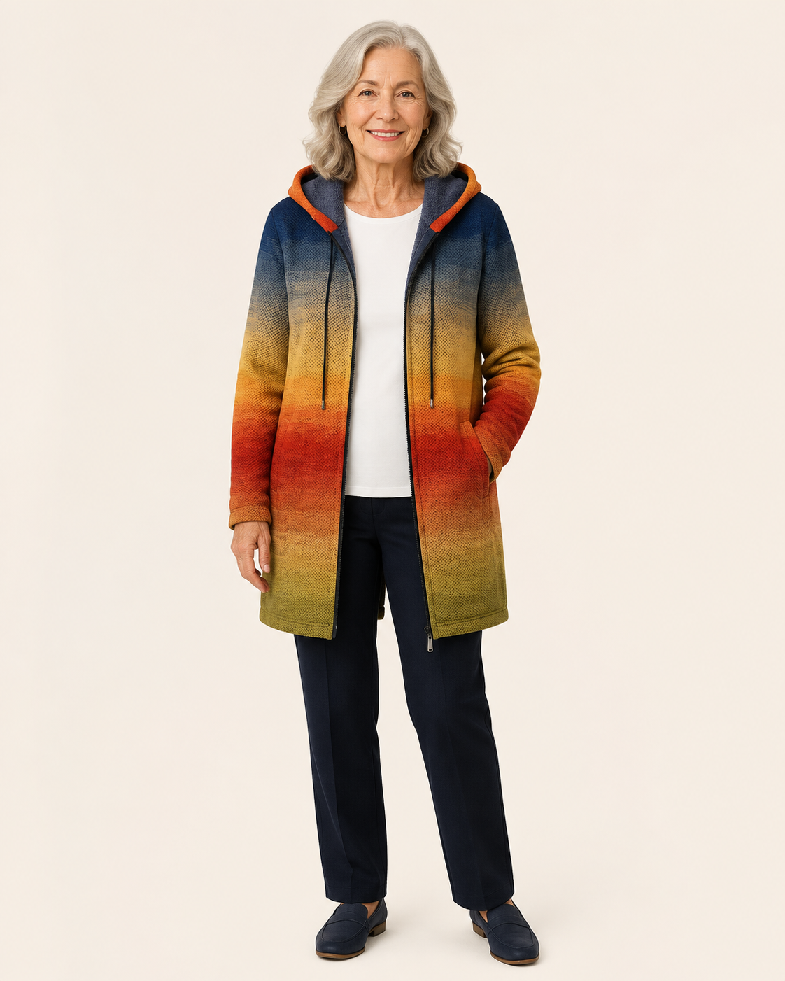 Noora | Luxurious künstlerisch Cardigan – warmbeiger Studiohintergrund