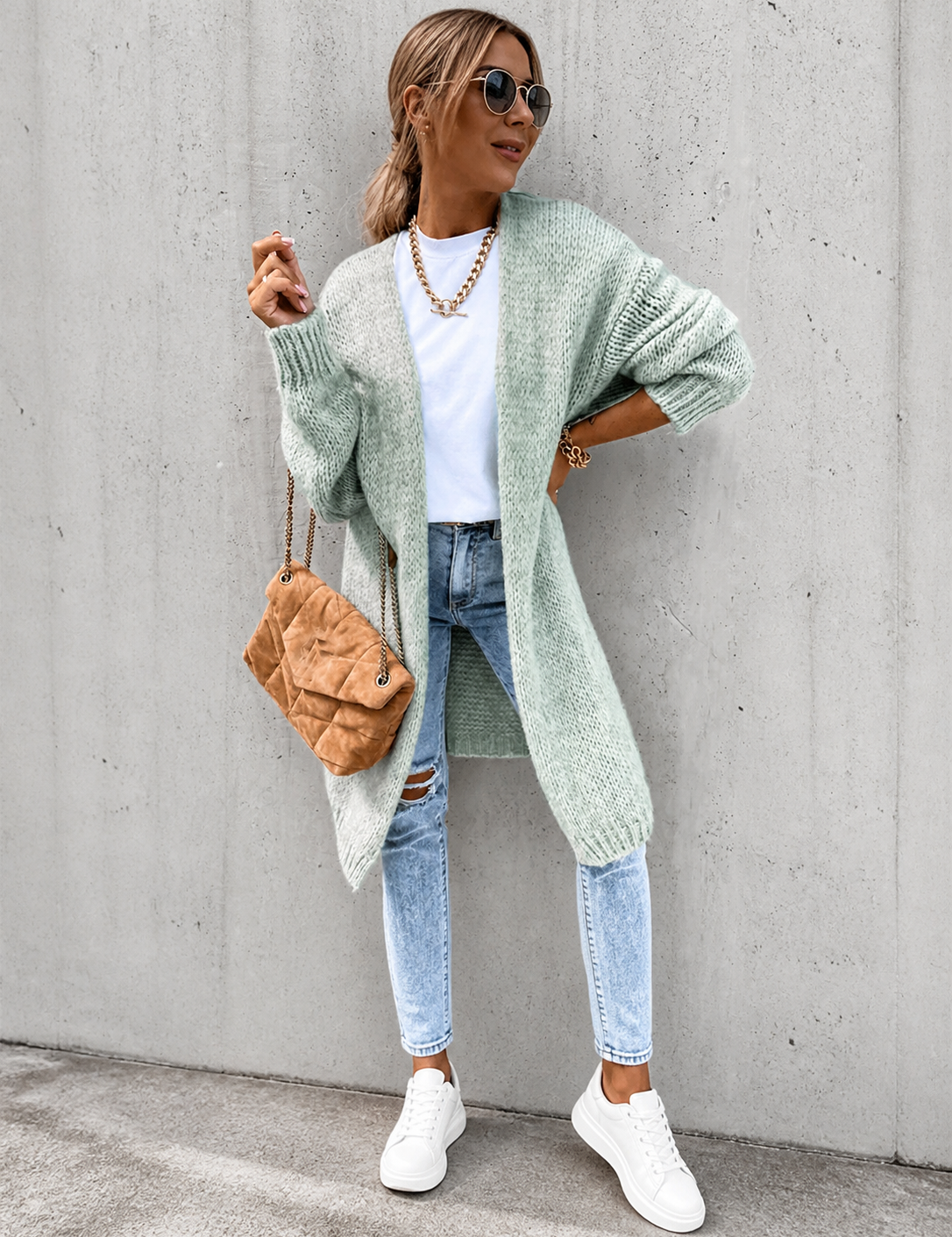 Oana cardigan lung gri, detaliu frontal