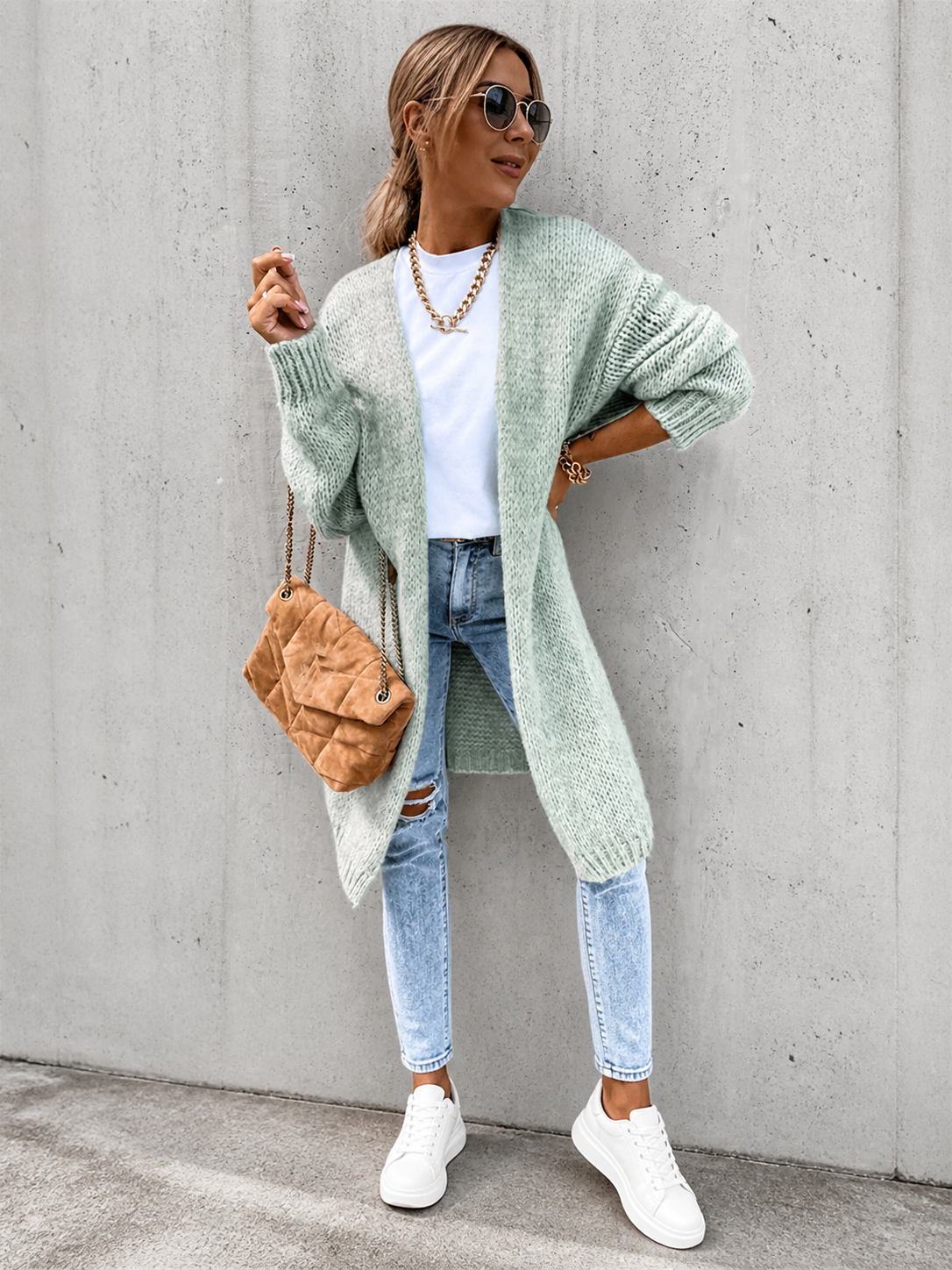 Oana cardigan lung gri, detaliu frontal