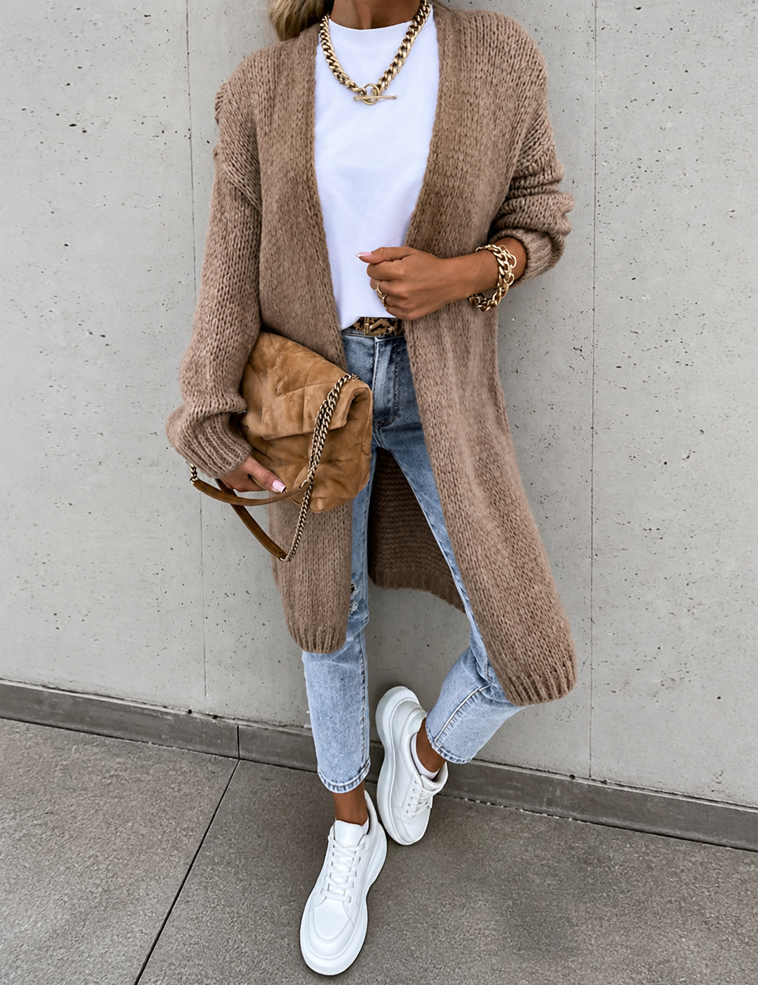 Oana cardigan lung khaki, detaliu frontal