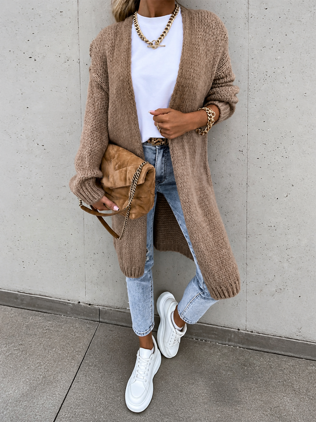 Oana cardigan lung khaki, detaliu frontal