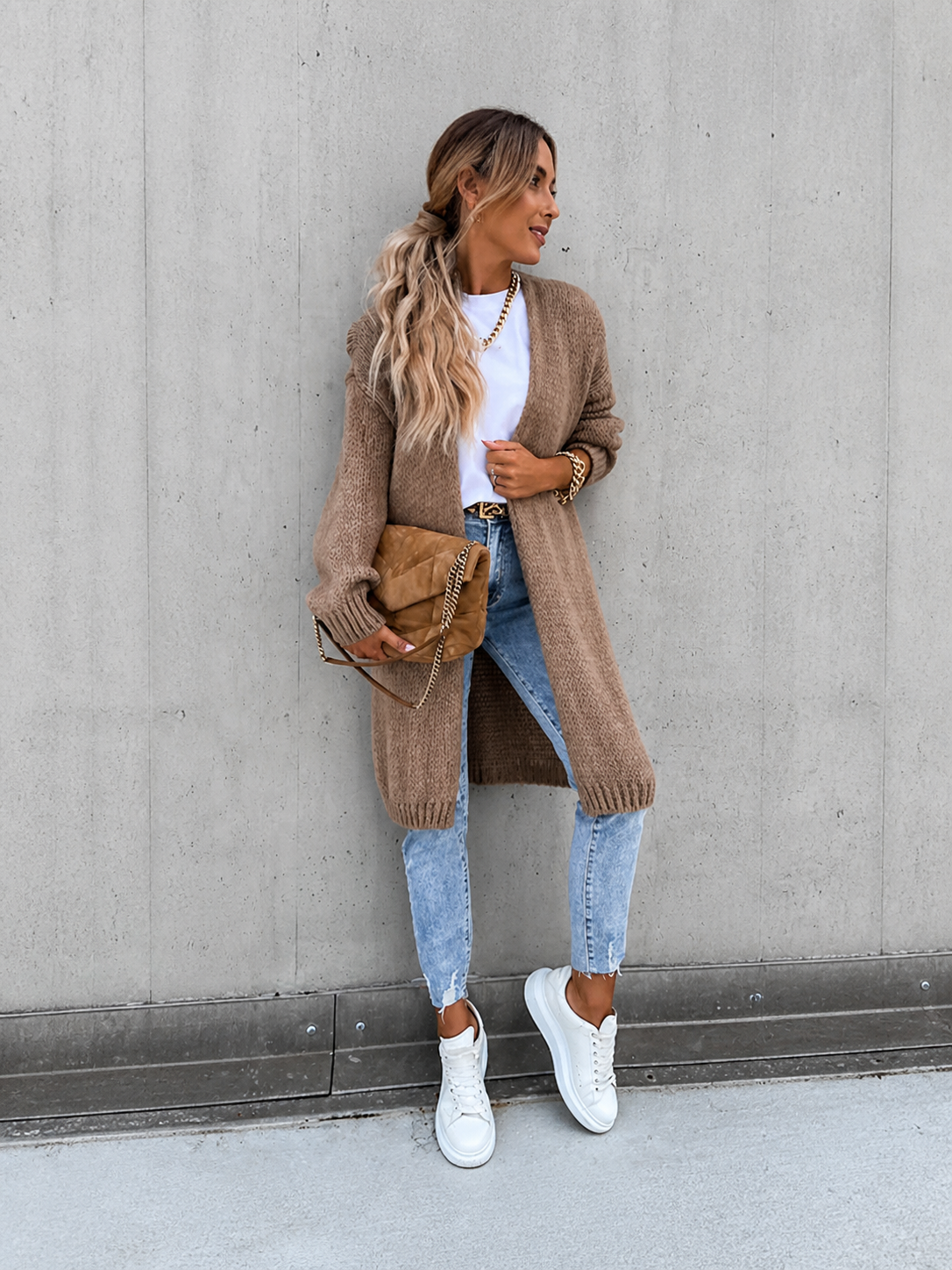 Oana cardigan lung khaki, vedere frontală integrală