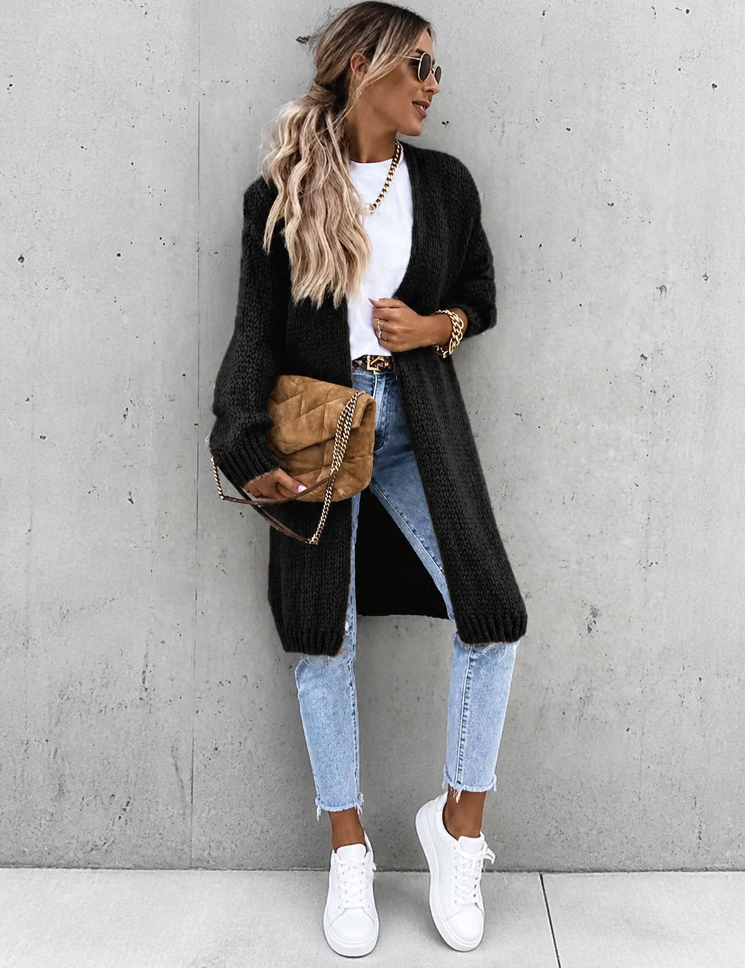 Oana cardigan lung negru, vedere frontală integrală