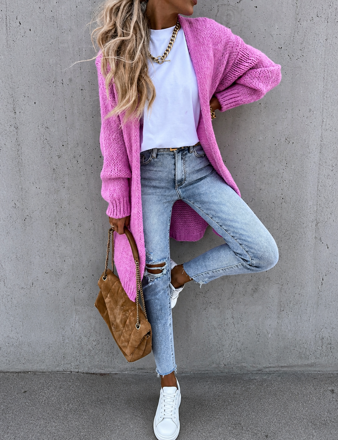 Oana cardigan lung roz, detaliu frontal