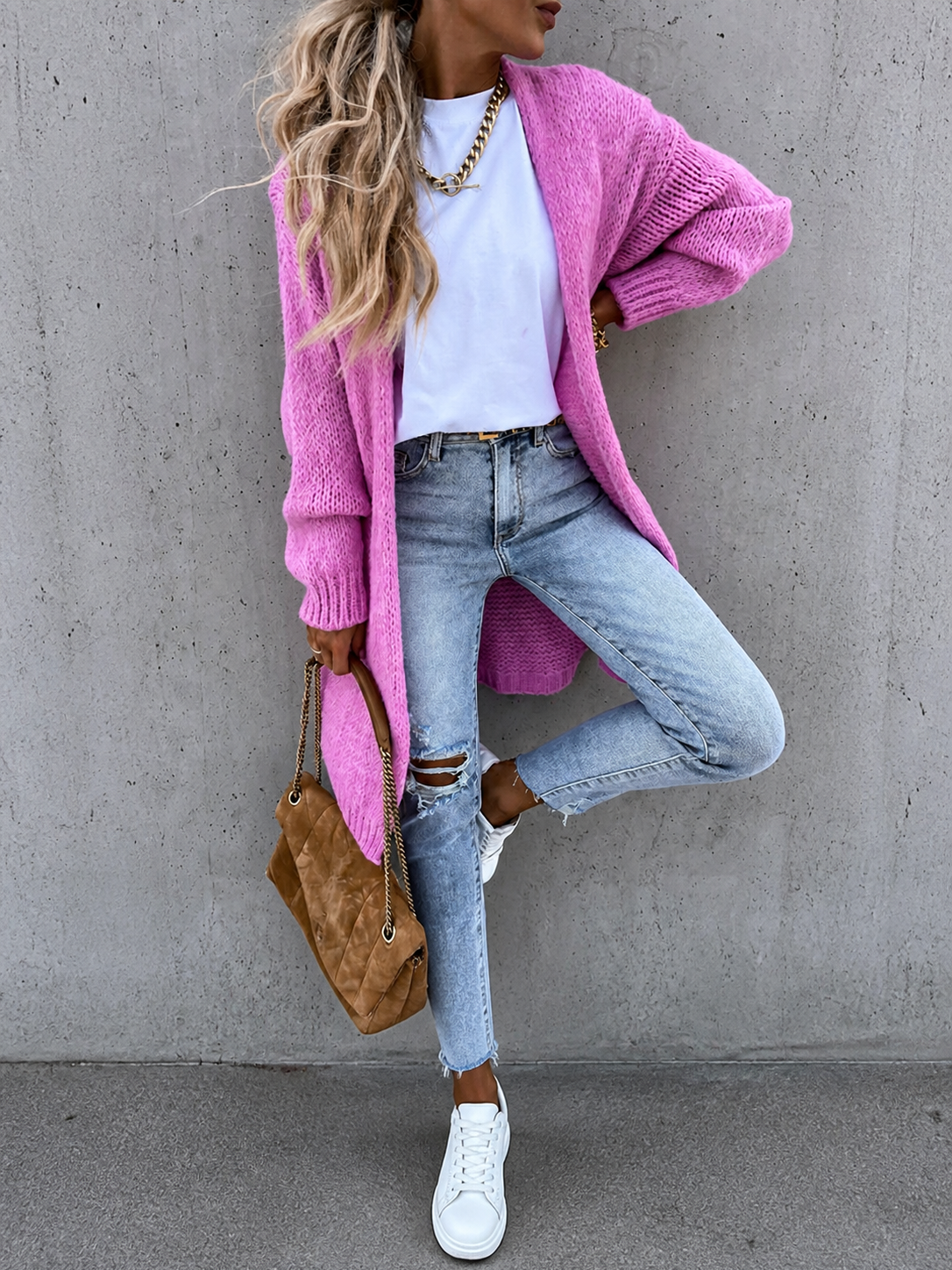 Oana cardigan lung roz, detaliu frontal