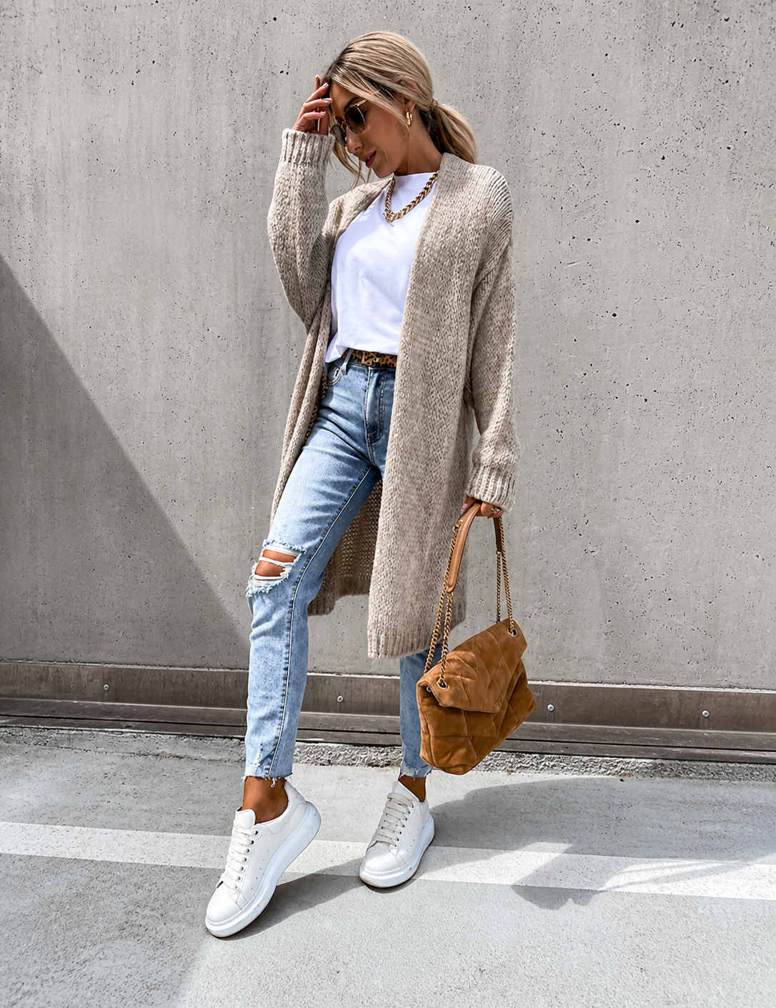 Oana cardigan lung taupe, vedere frontală integrală