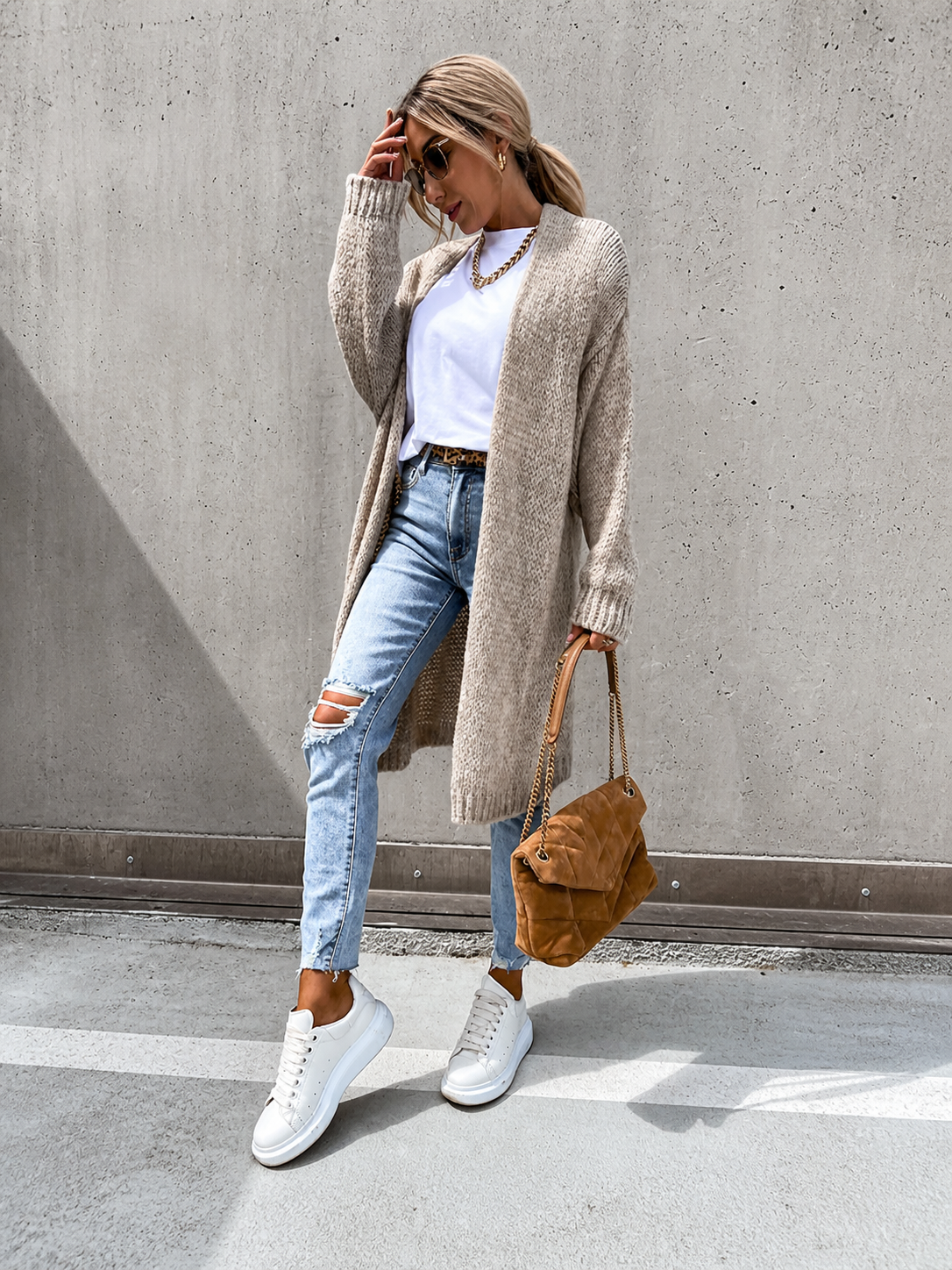 Oana cardigan lung taupe, vedere frontală integrală