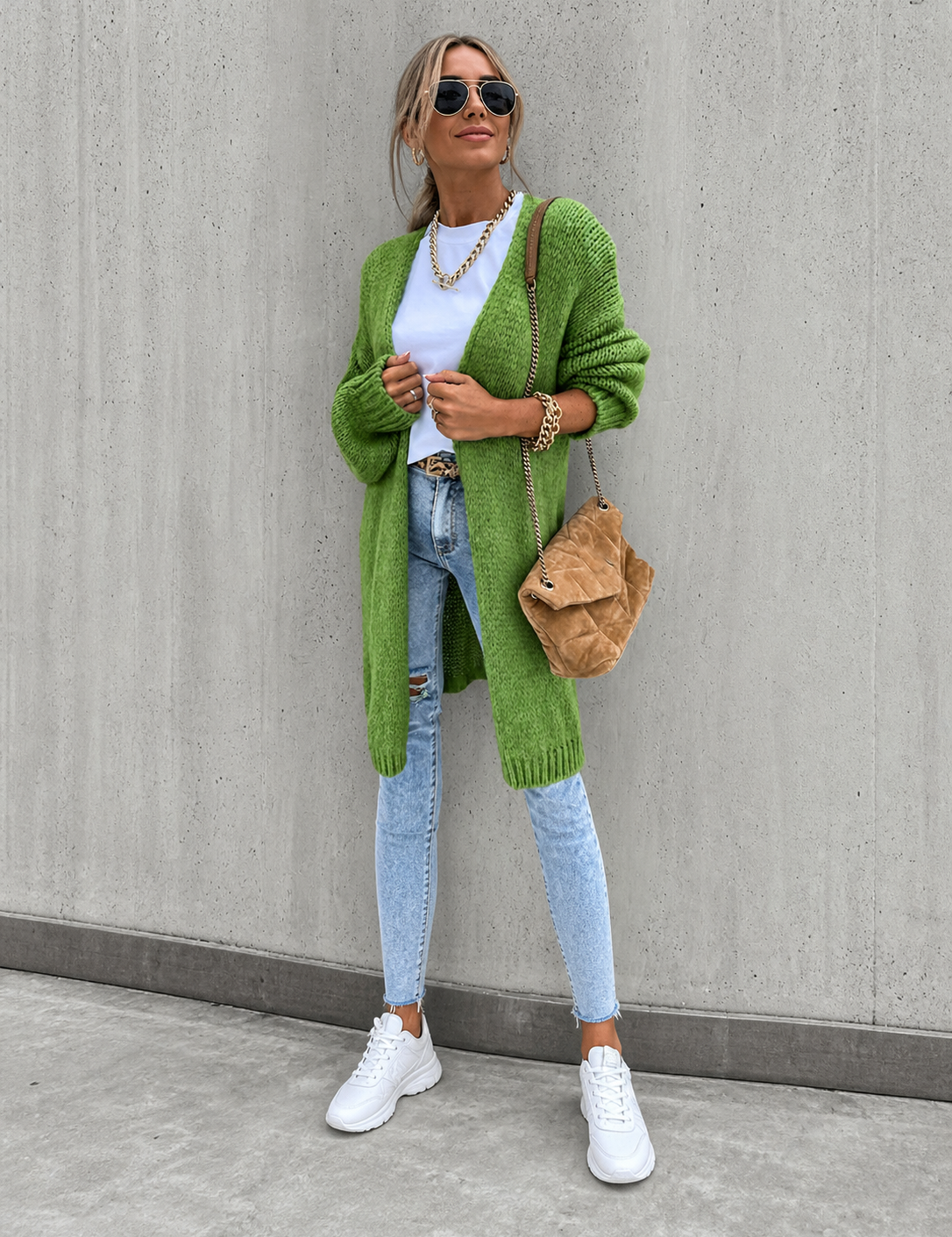 Oana cardigan lung verde, detaliu frontal