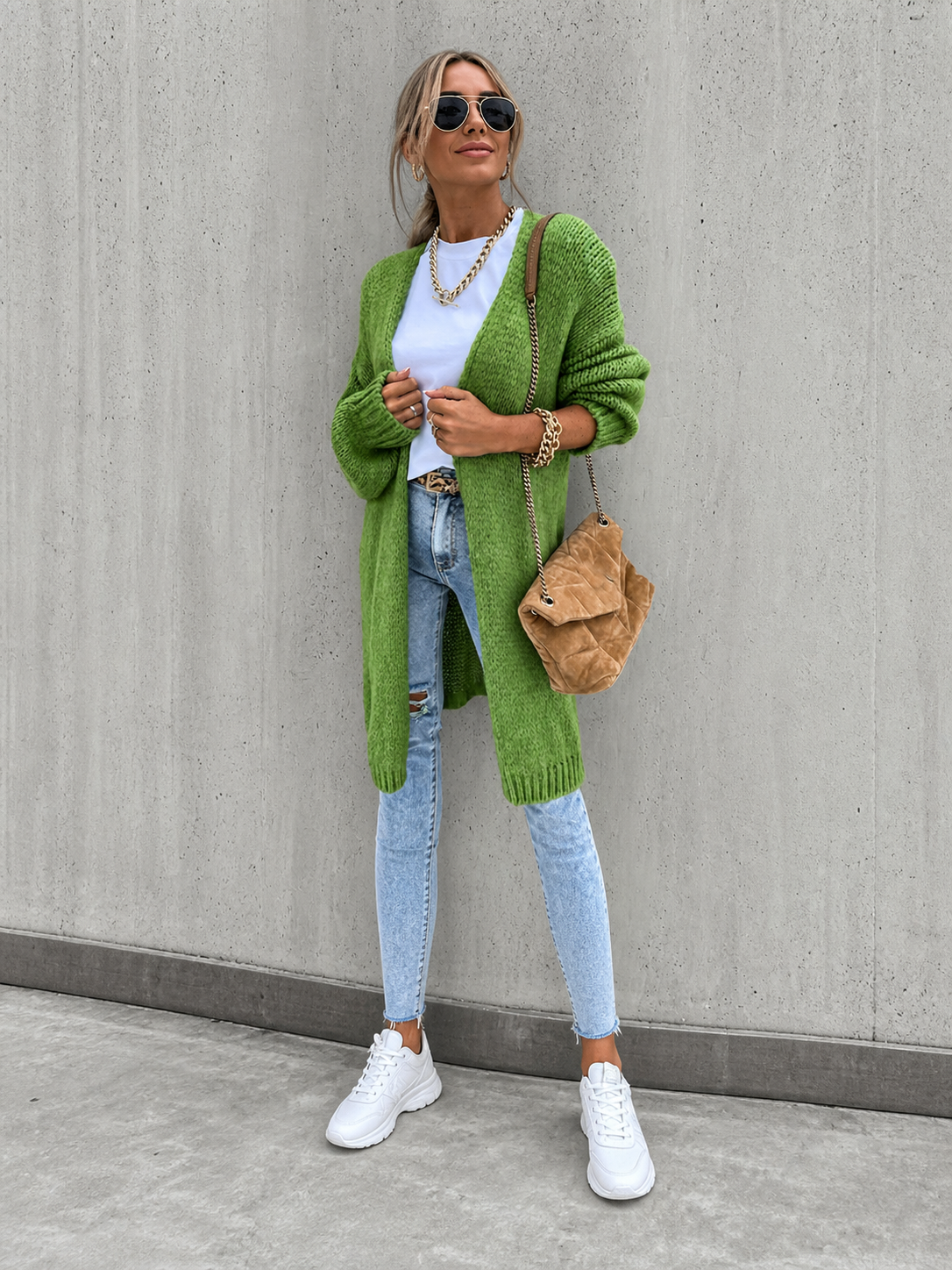 Oana cardigan lung verde, detaliu frontal