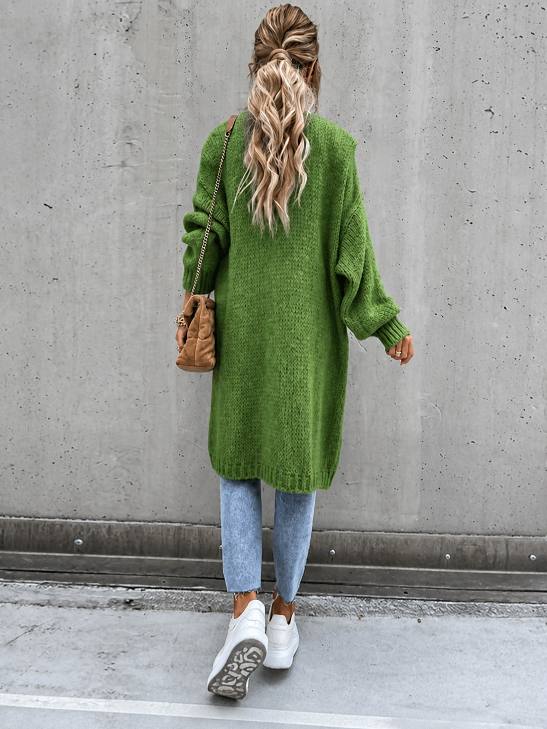 Oana cardigan lung verde, vedere integrală din spate