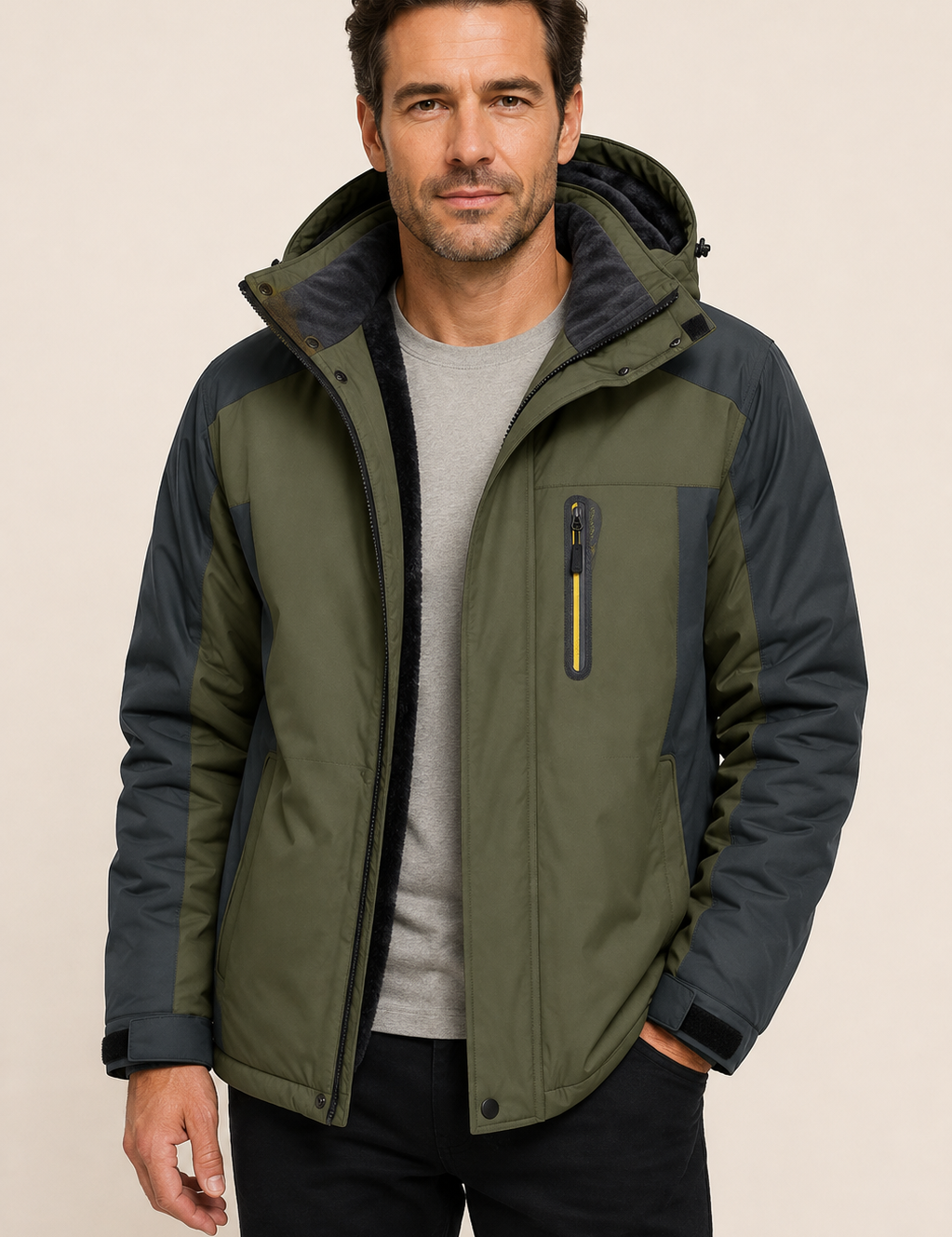 Olivgrüne Outdoor-Winterjacke an Mann auf warmem beigem Hintergrund