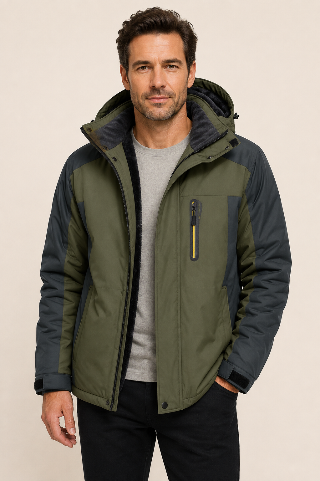 Olivgrüne Outdoor-Winterjacke an Mann auf warmem beigem Hintergrund