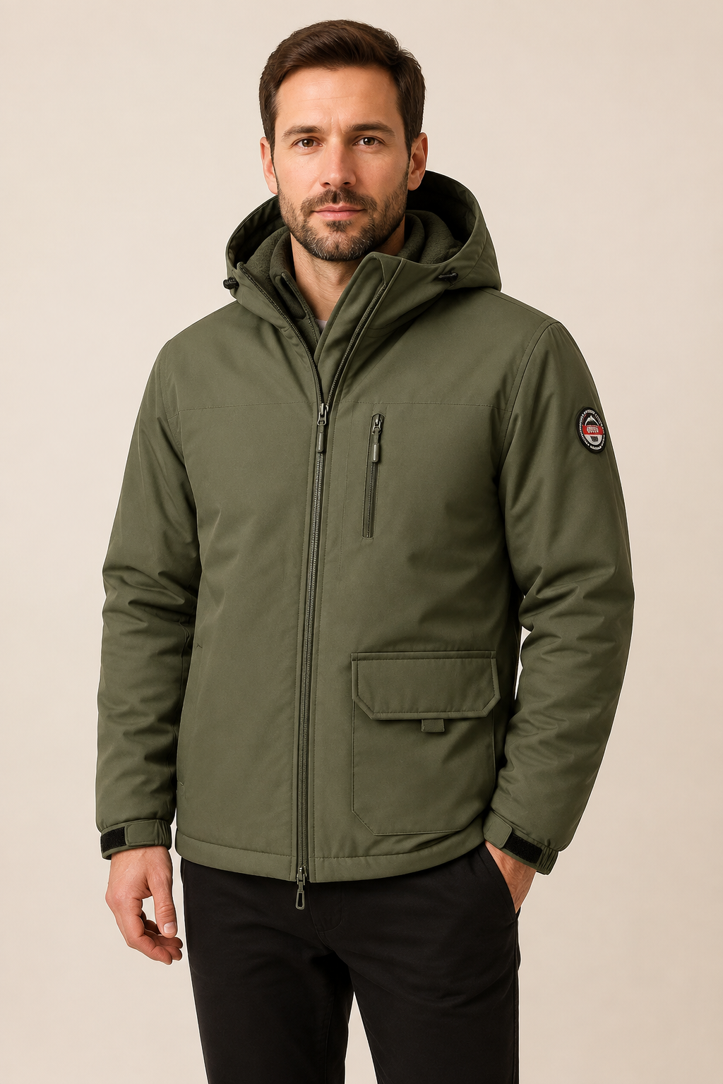 Olivgrüne Softshell-Winterjacke an Mann auf beigem Hintergrund