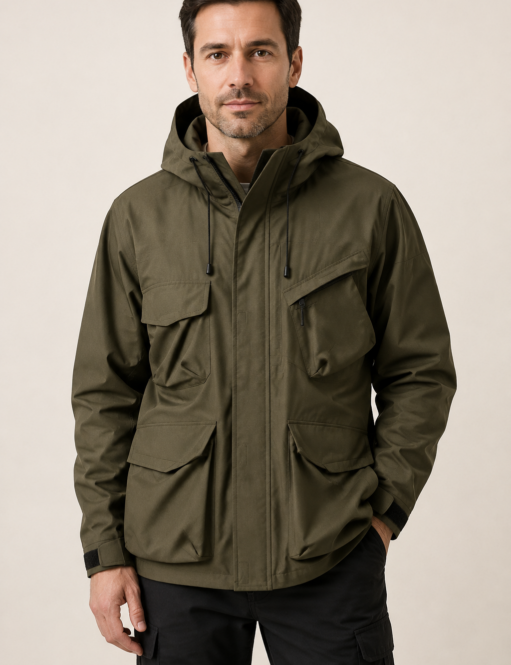 Olivgrüne technische Outdoorjacke an Mann auf beigem Hintergrund