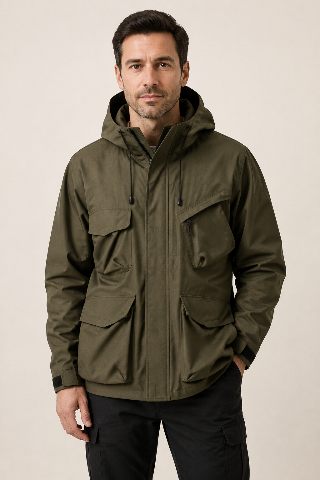 Olivgrüne technische Outdoorjacke an Mann auf beigem Hintergrund