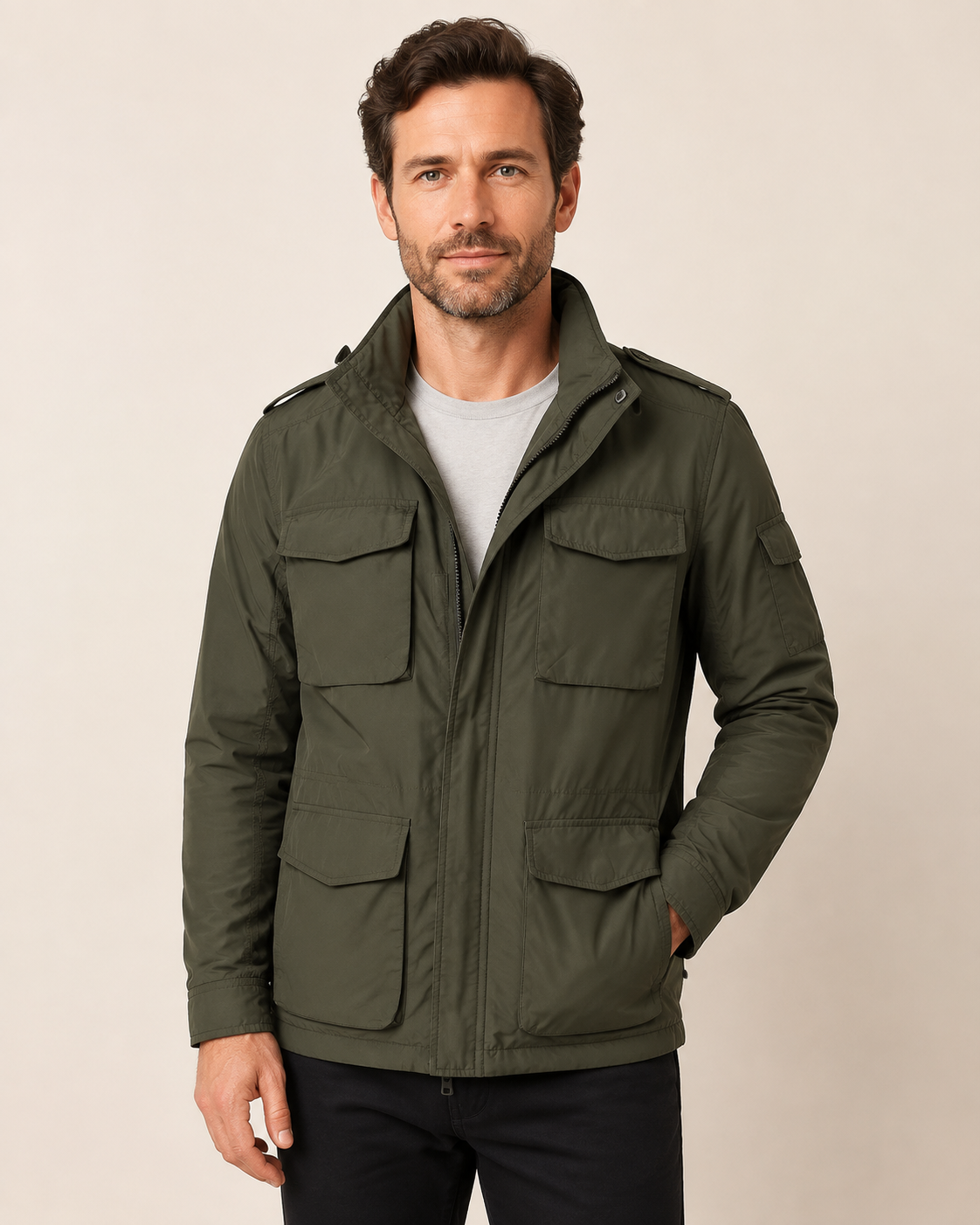 Olivgrüne Utility-Fieldjacke an Mann auf warmem beigem Hintergrund