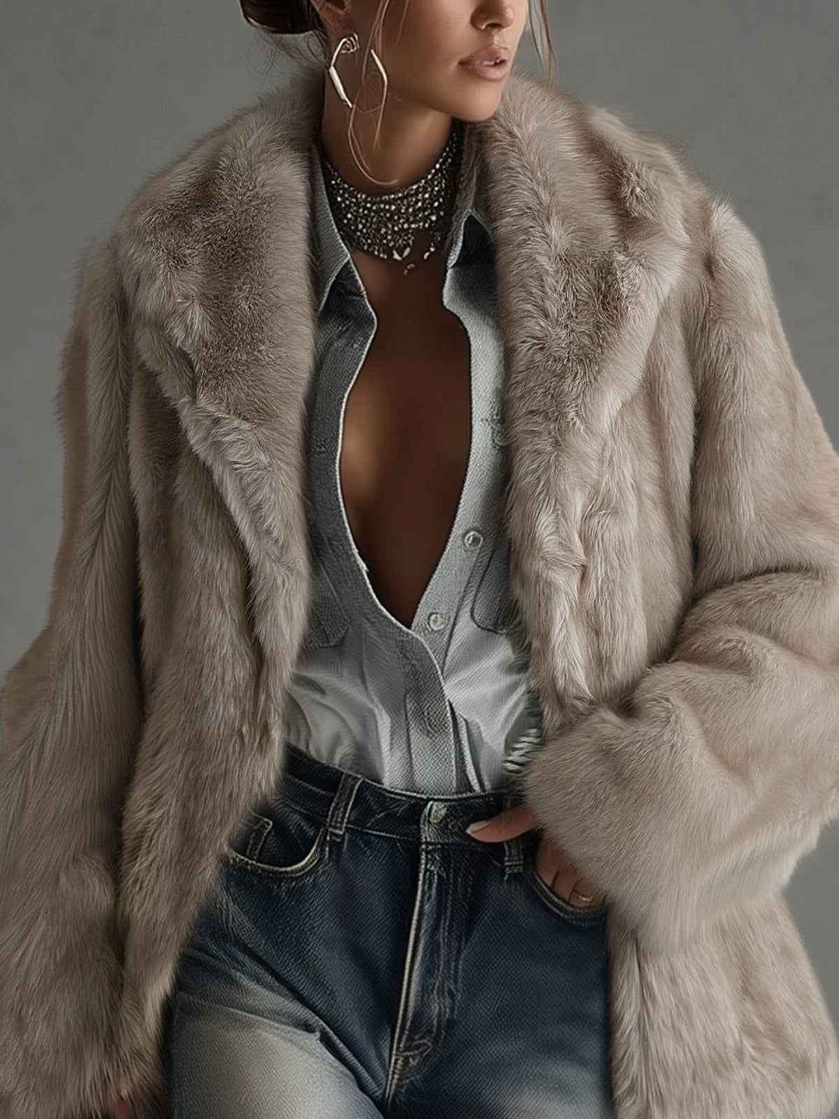 Palton oversized taupe din blană ecologică, vedere 3