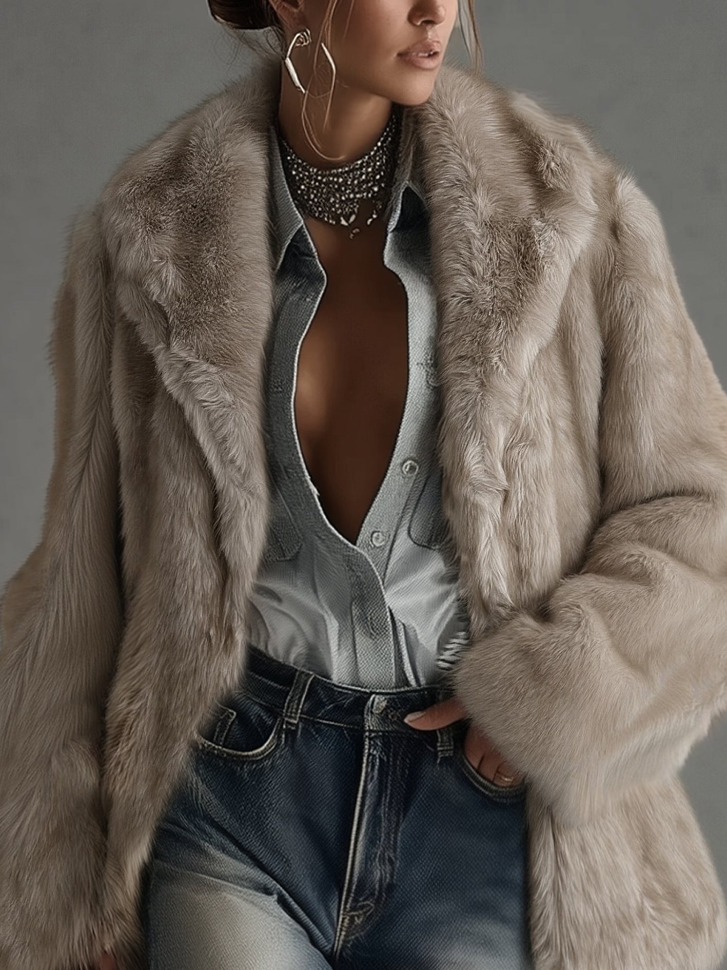 Palton oversized taupe din blană ecologică, vedere 3