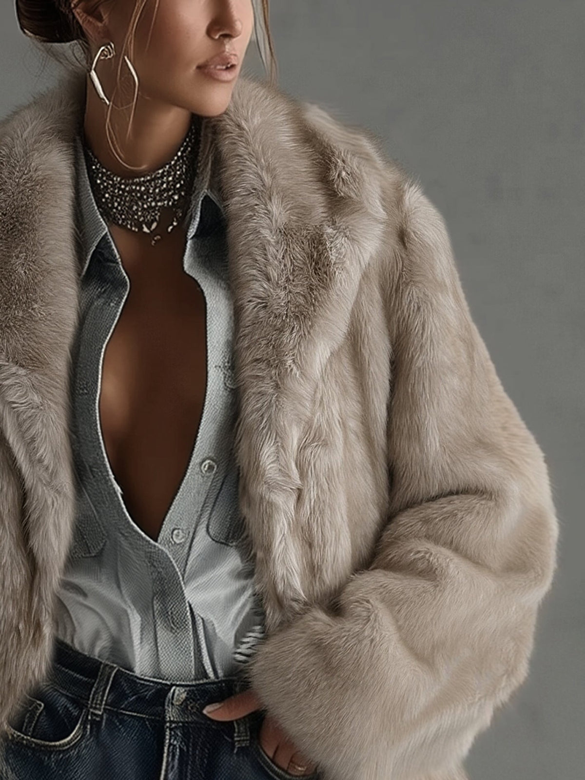 Palton oversized taupe din blană ecologică, vedere 4