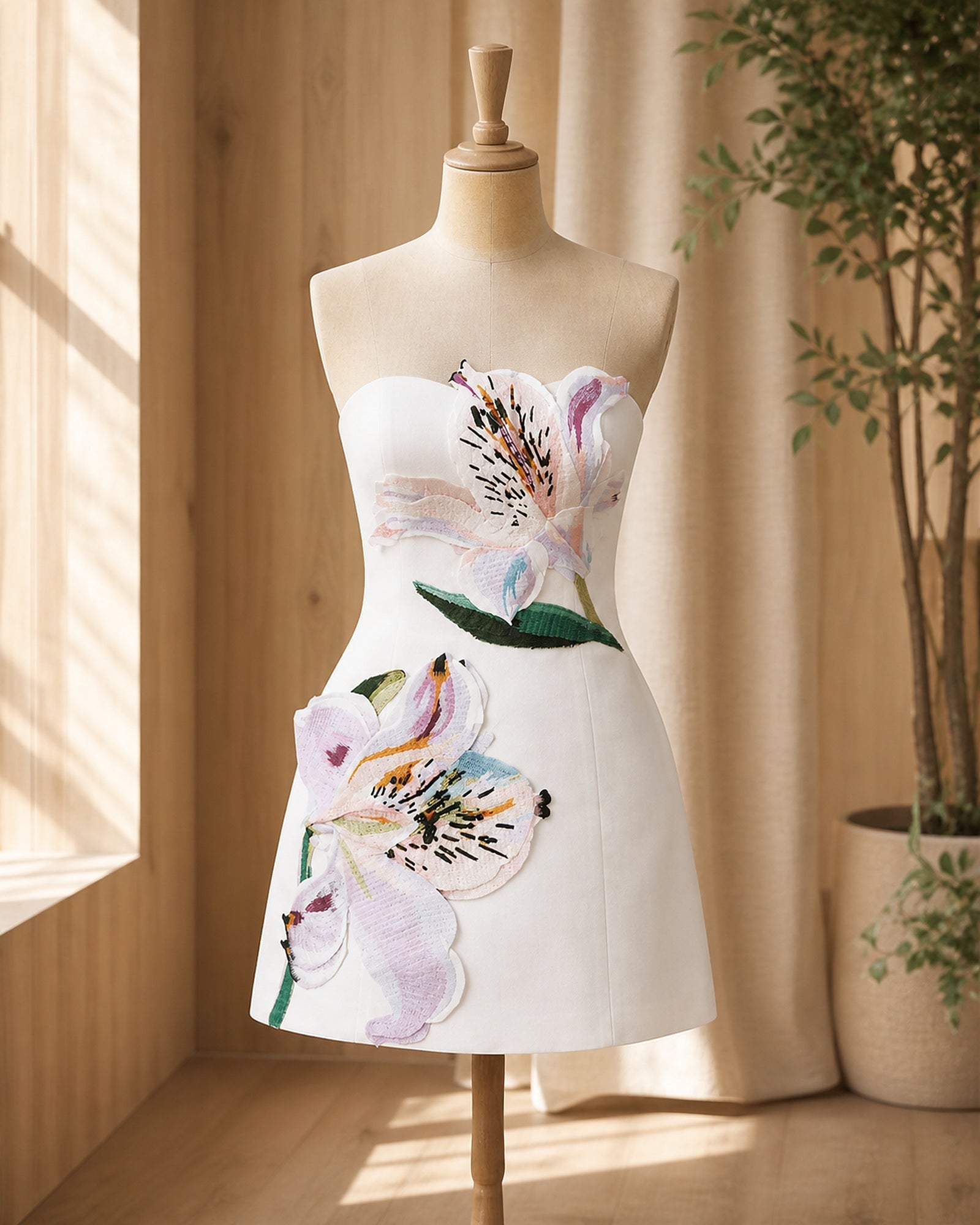 Rochie albă florală Patricia prezentată pe manechin