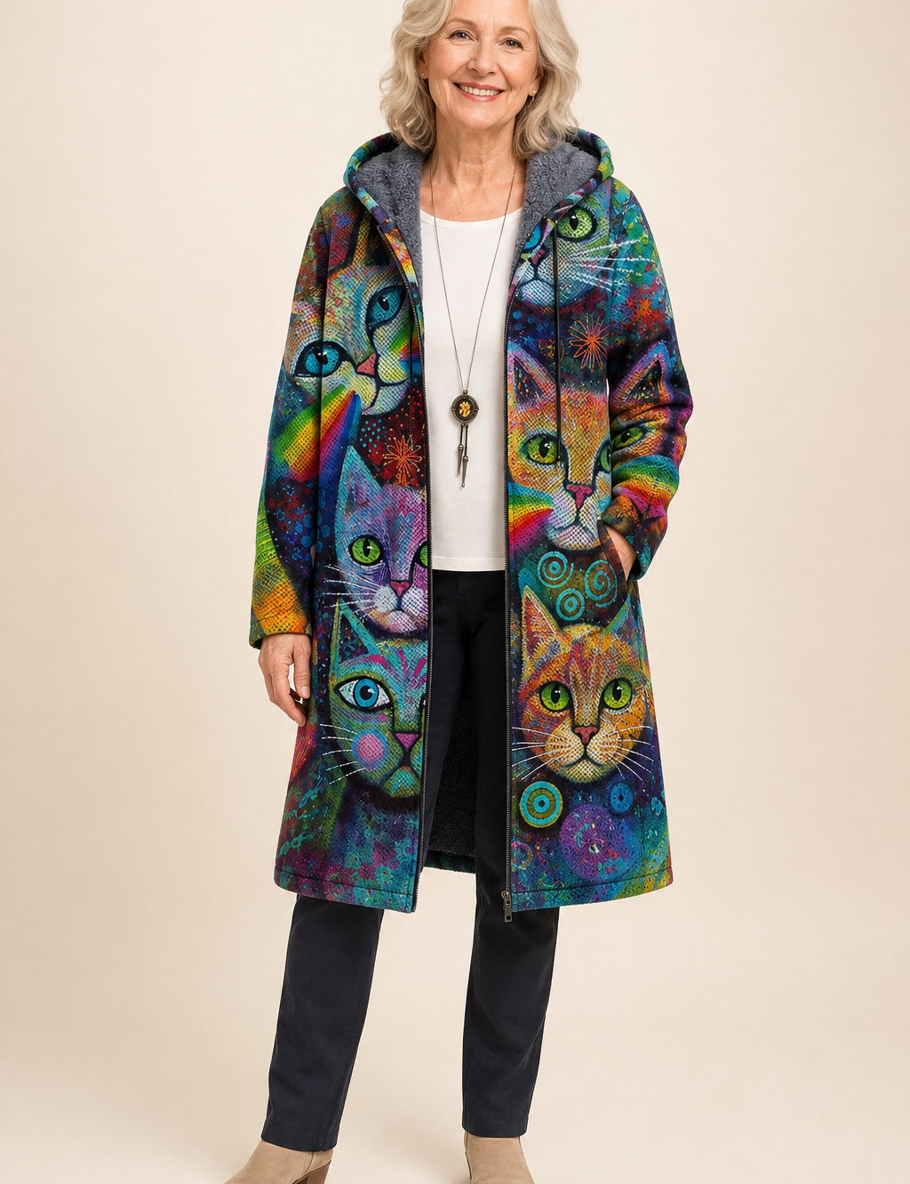 Patricia | Luxus Cardigan mit SOPHISTICATED kunstinspiriert DESIGN – warmbeiger Studiohintergrund