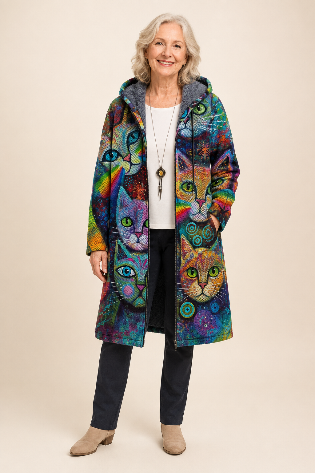 Patricia | Luxus Cardigan mit SOPHISTICATED kunstinspiriert DESIGN – warmbeiger Studiohintergrund