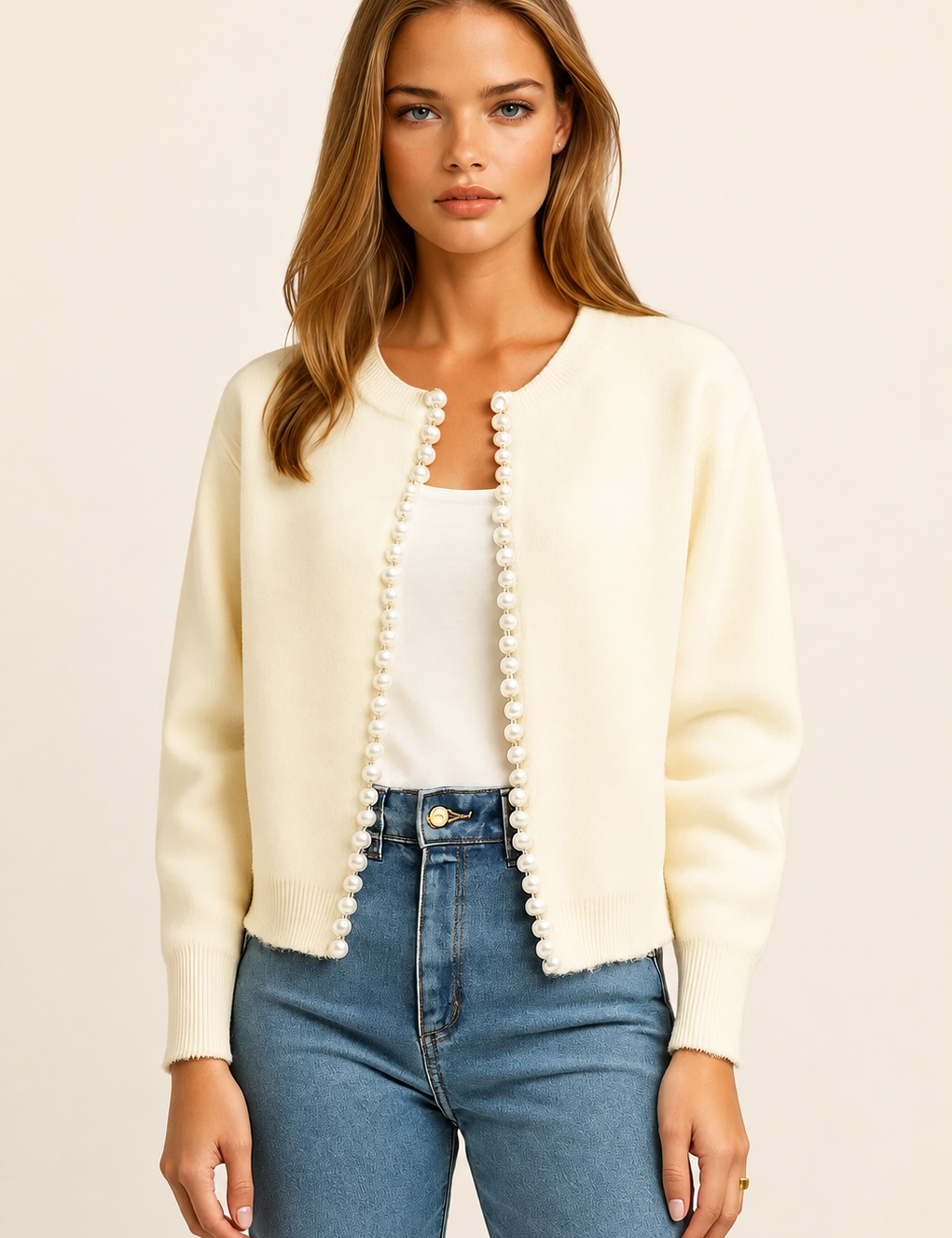 Cremefarbener Cardigan mit Perlenborte auf warmem beigem Hintergrund