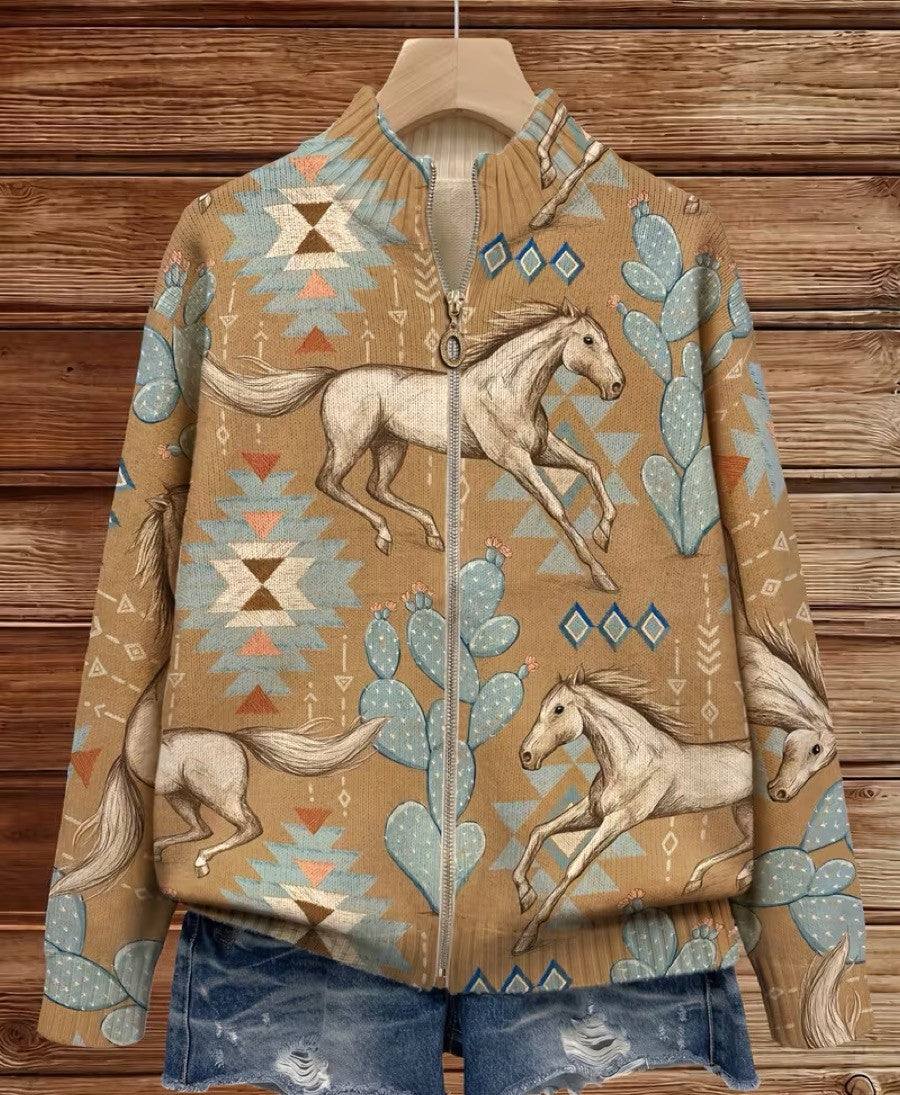 Damen Cardigan mit Southwestern horse und cactus pattern – Bild 2