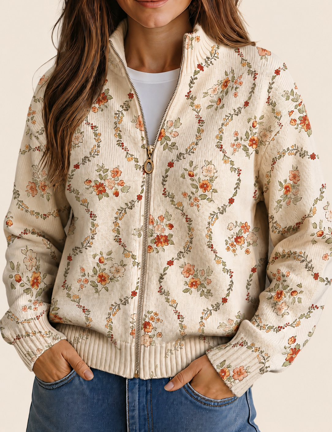 Persephone | Cardigan mit Blumenprint – warmbeiger Studiohintergrund