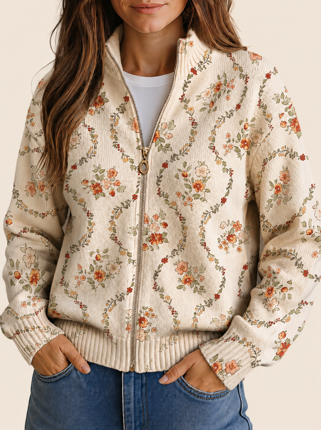 Persephone | Cardigan mit Blumenprint – warmbeiger Studiohintergrund
