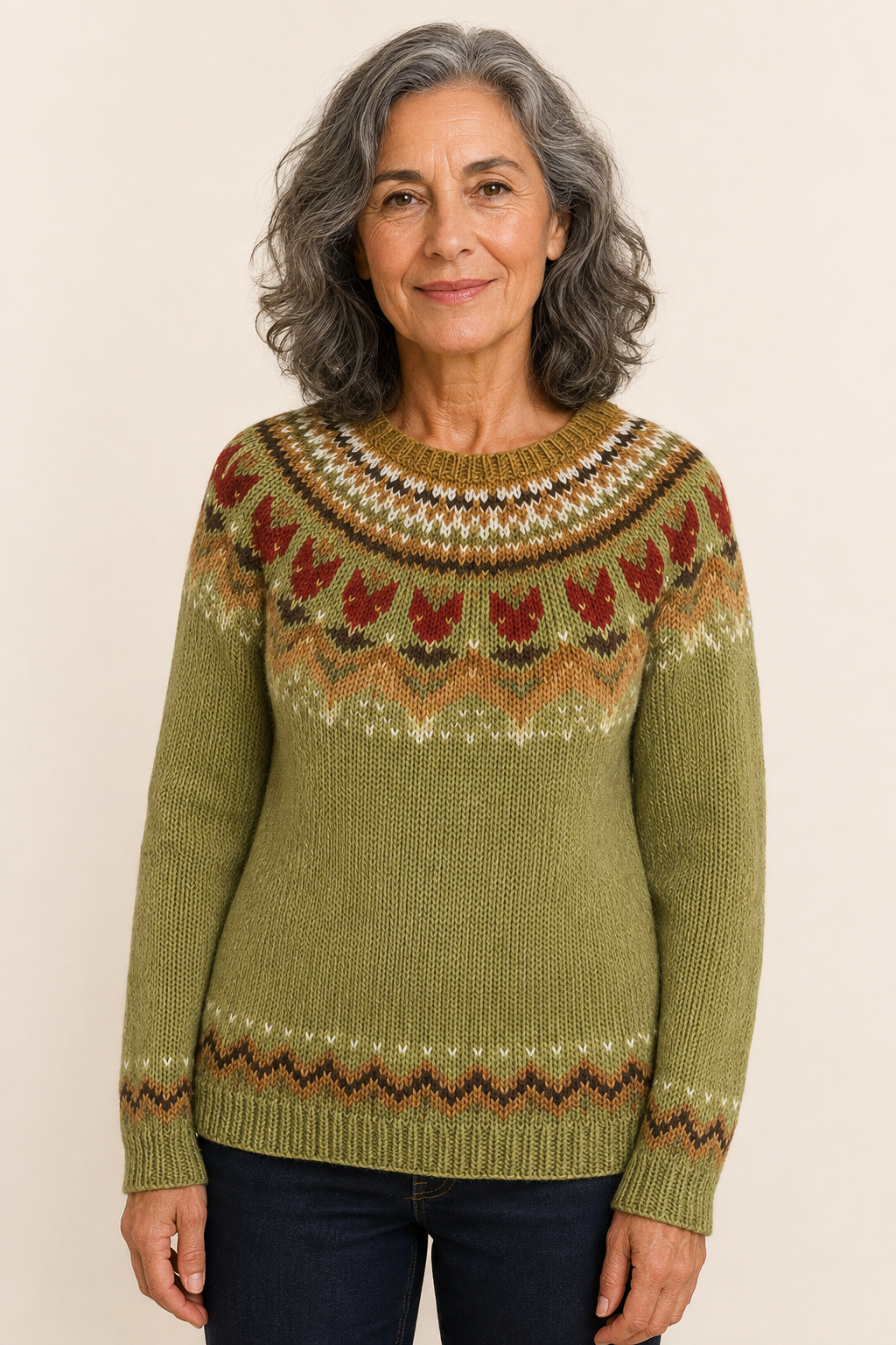 Petra olivgrüner Norwegerpullover an reifer Frau auf warmem beigem Hintergrund