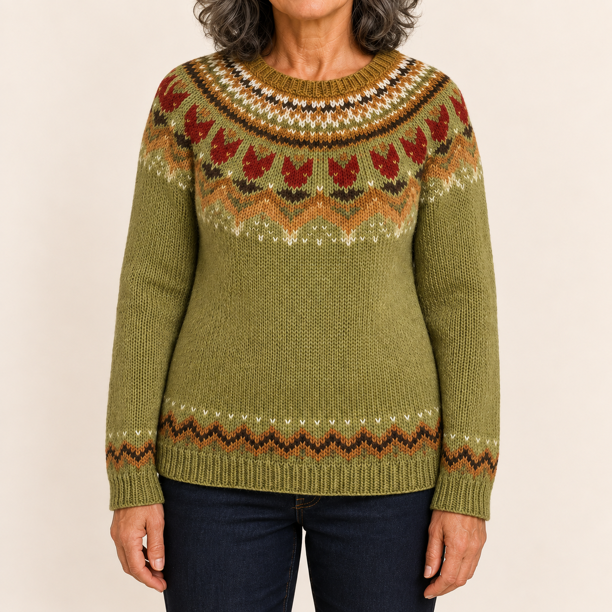 Petra grüner Norwegerpullover – Detailansicht