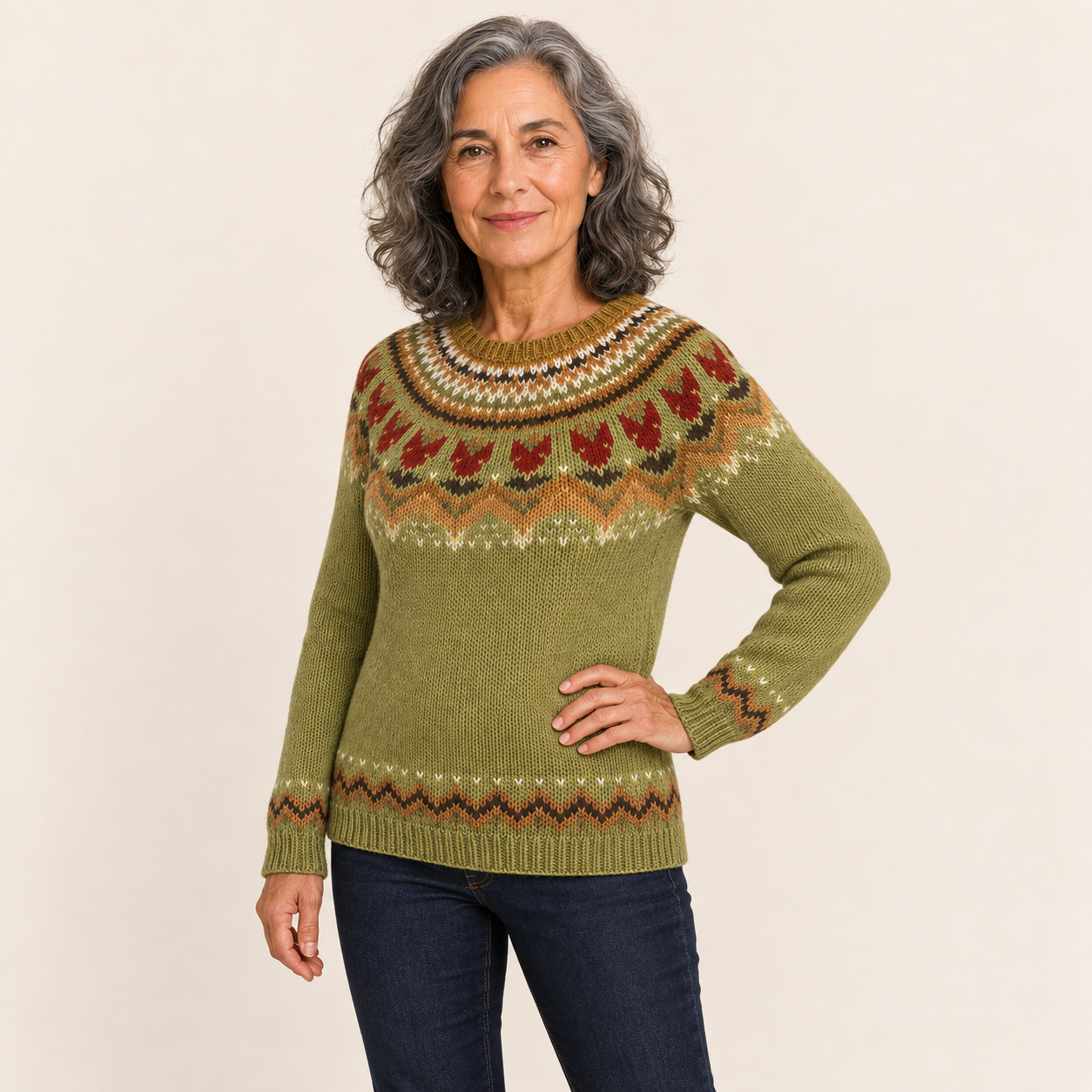 Petra grüner Norwegerpullover – seitliche Modelpose