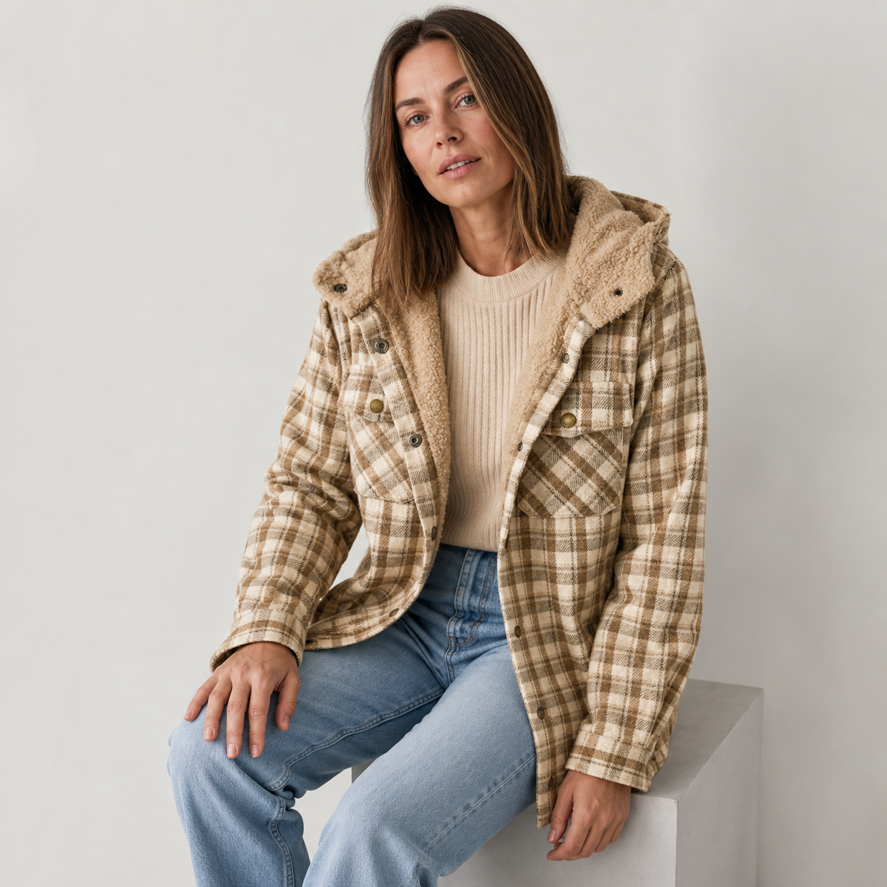 Rachael geacă în carouri Khaki - model așezat