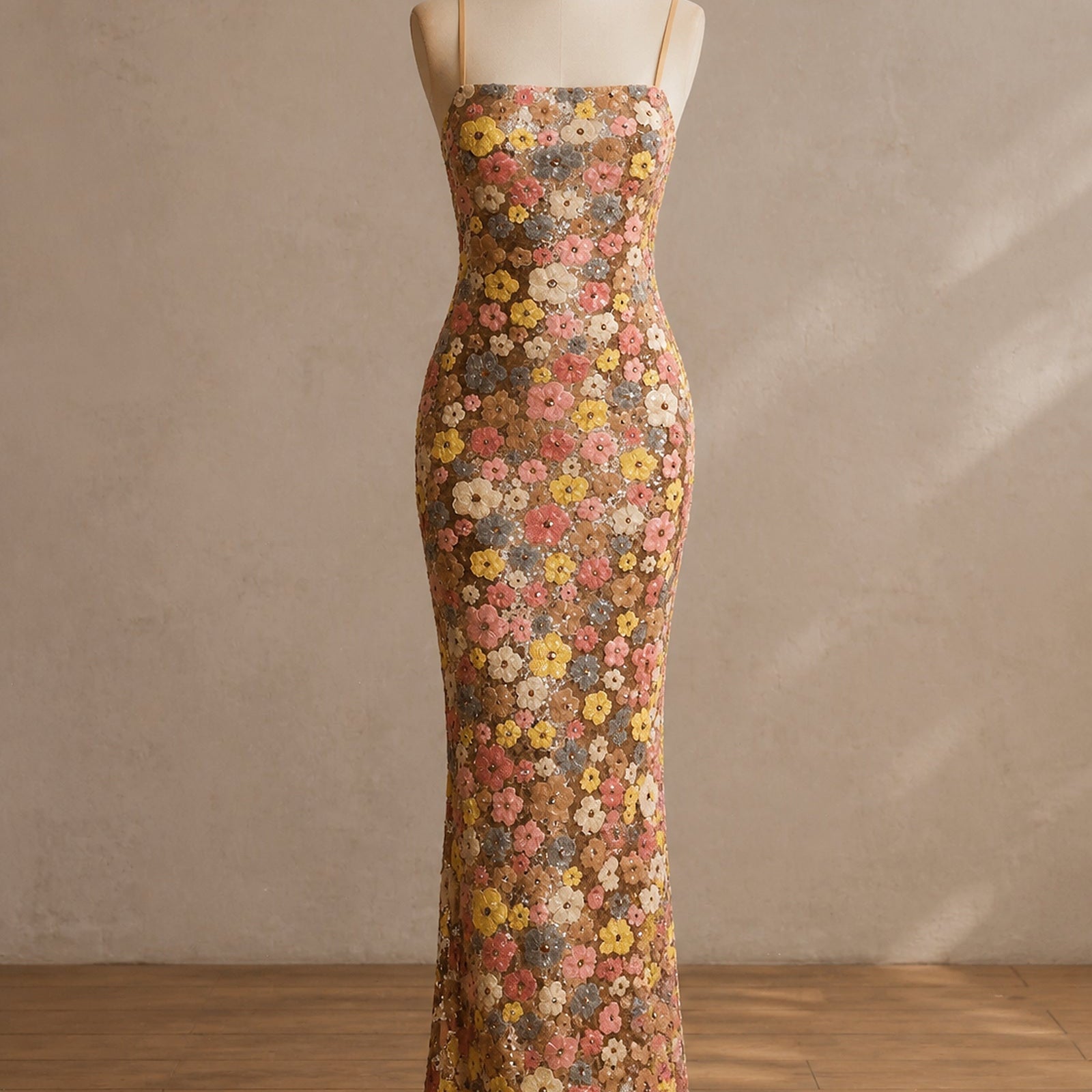 Rochie maxi Raluca cu flori strălucitoare prezentată complet pe manechin