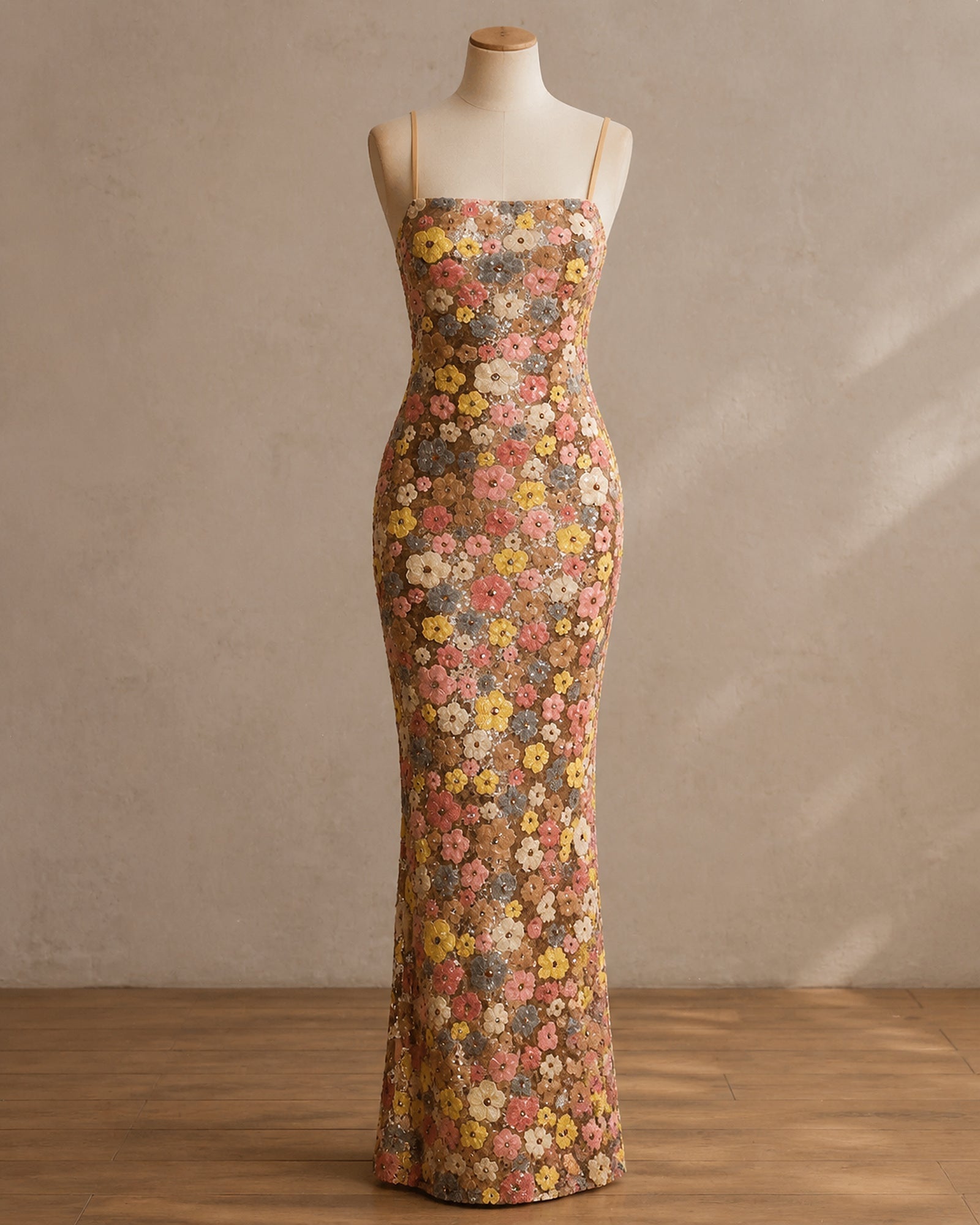 Rochie maxi Raluca cu flori strălucitoare prezentată complet pe manechin