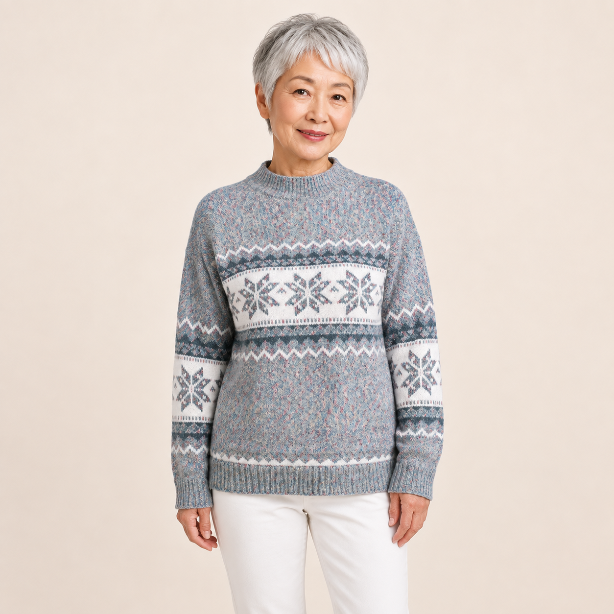 Raluca-Maria – Schneeflockenpullover Blau – Vorderansicht