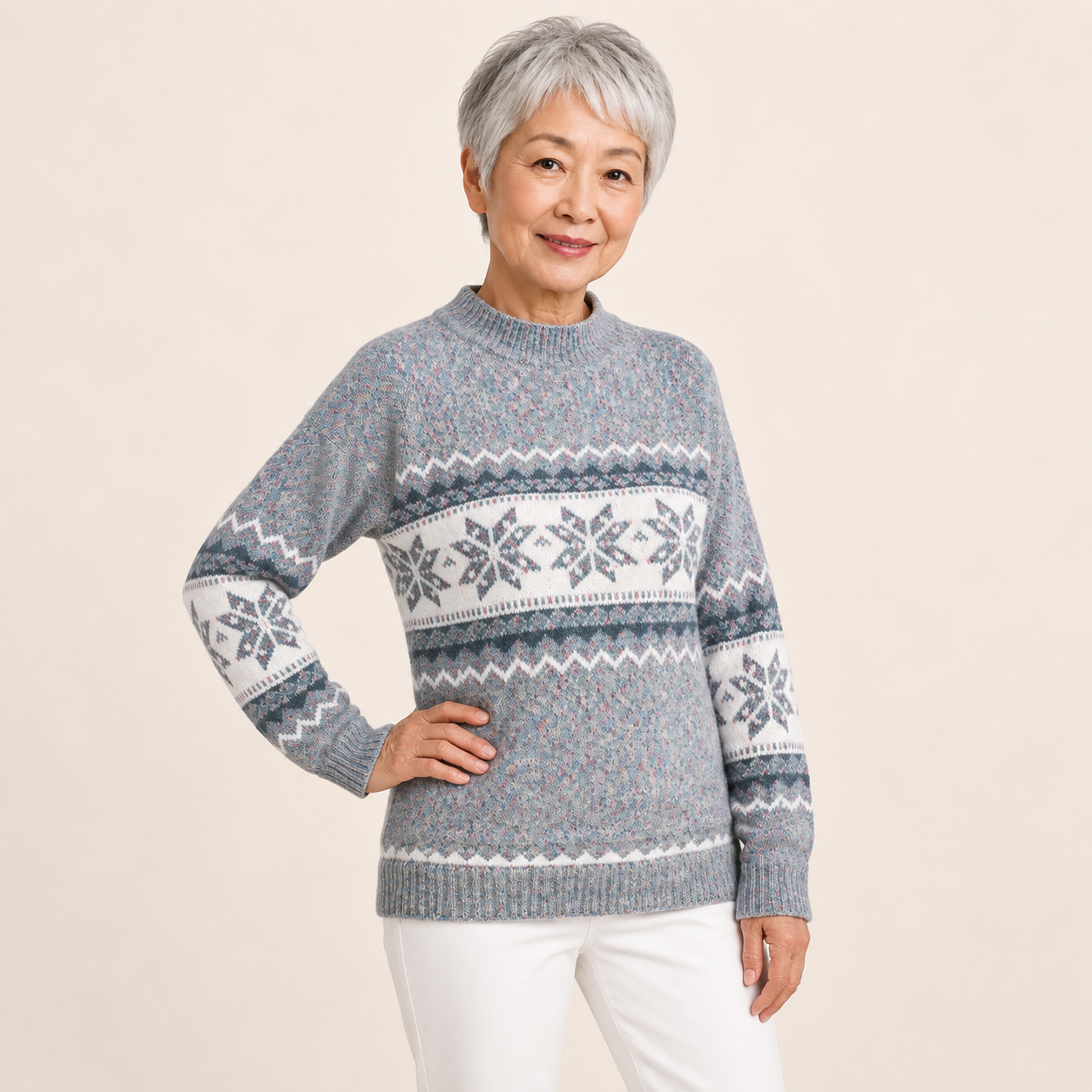 Raluca-Maria – Schneeflockenpullover Blau – Weitere Pose