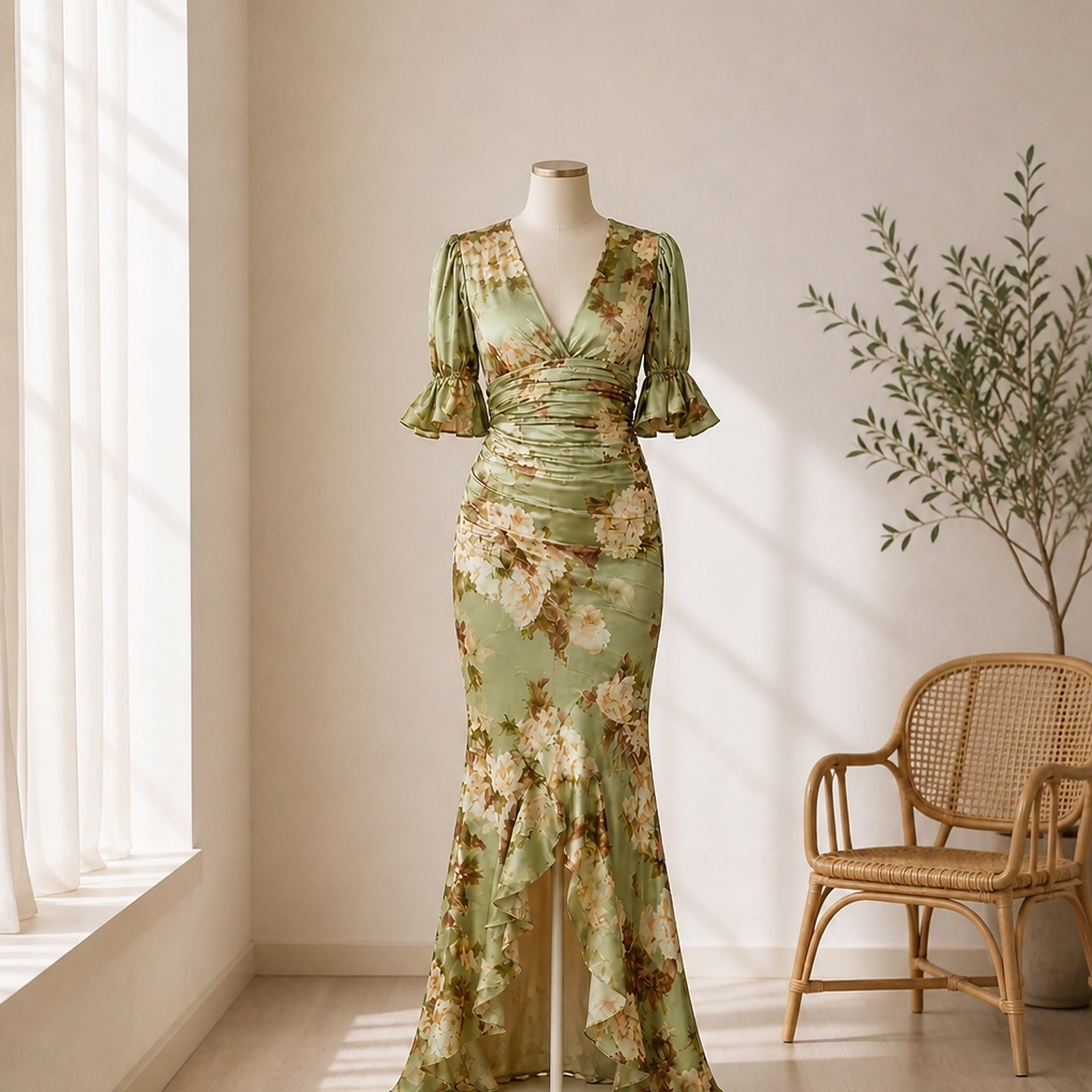 Ramona rochie lungă florală verde salvie pe manechin