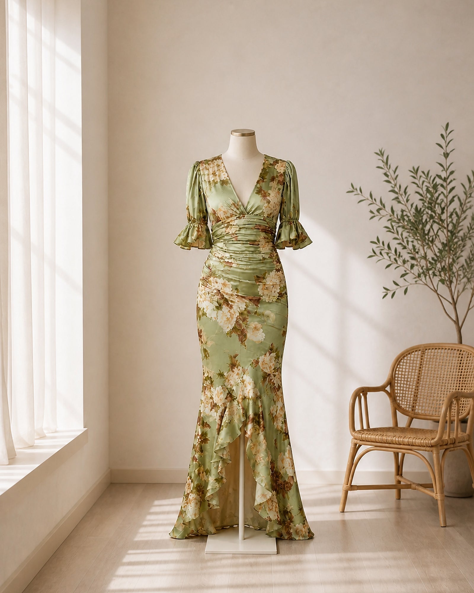 Ramona rochie lungă florală verde salvie pe manechin