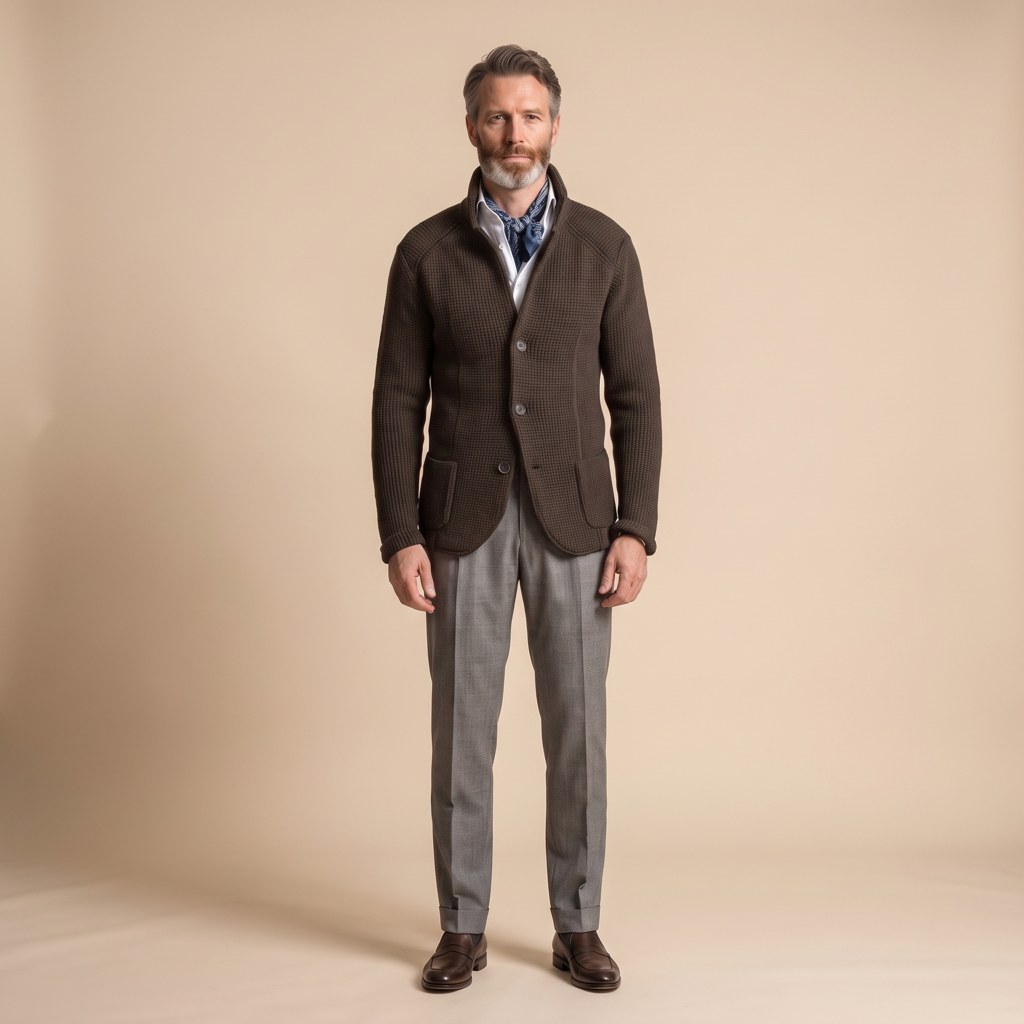 Raphael Cardigan in Kaffee mit Stehkragen und Knopfleiste, frontal am Model