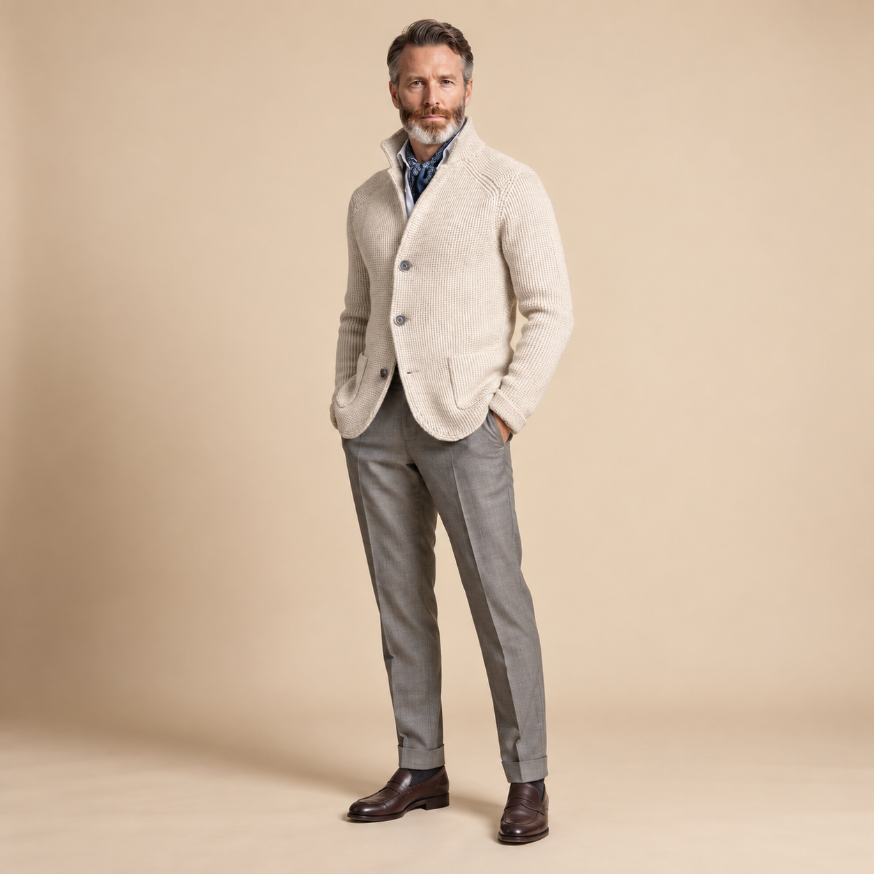 Raphael Cardigan in Weiß mit Stehkragen und Knopfleiste, am Model