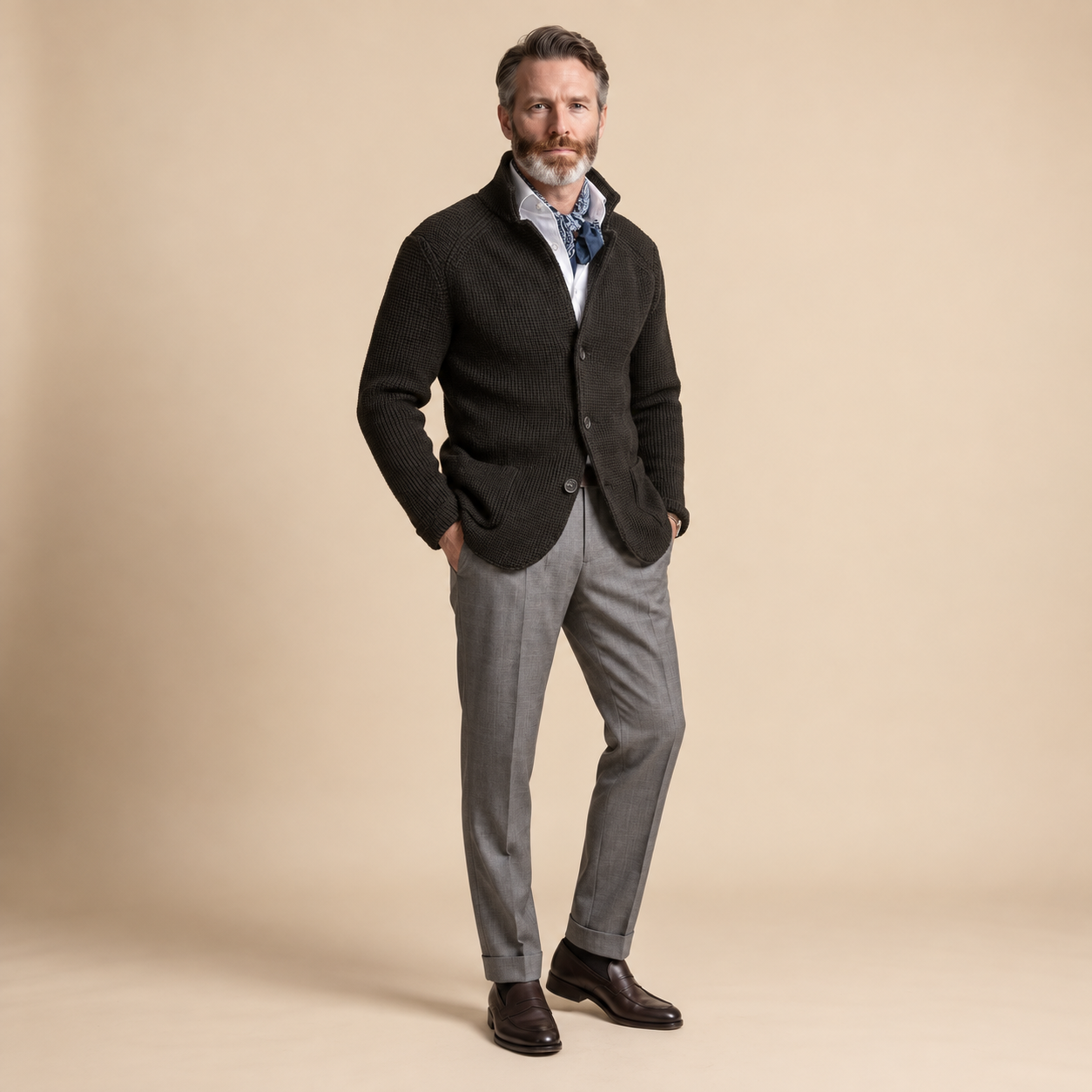 Raphael Cardigan in Schwarz mit Stehkragen und Knopfleiste, am Model