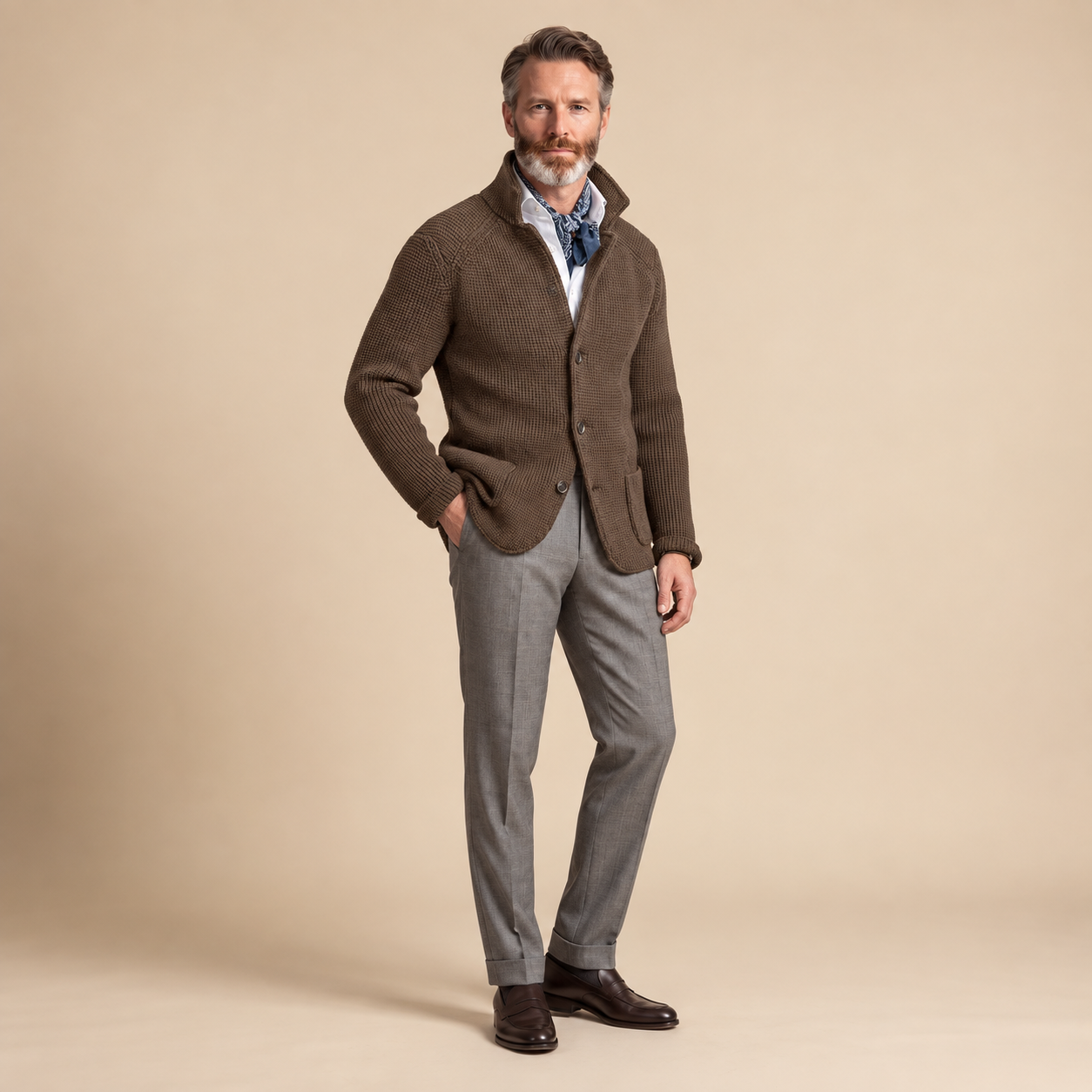 Raphael Cardigan in Braun mit Stehkragen und Knopfleiste, am Model